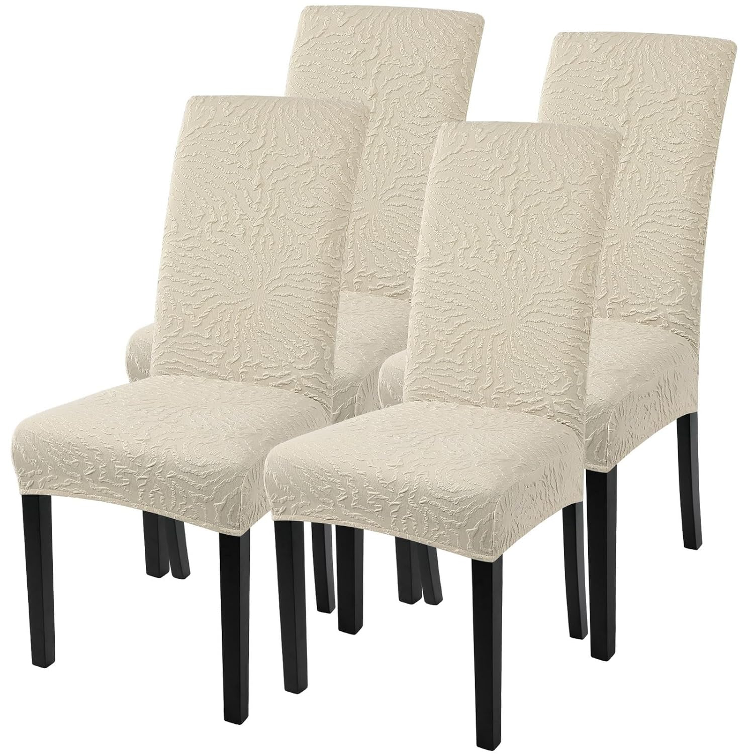 Beige Stretch Jacquard Dining Chair Covers, Set of 4