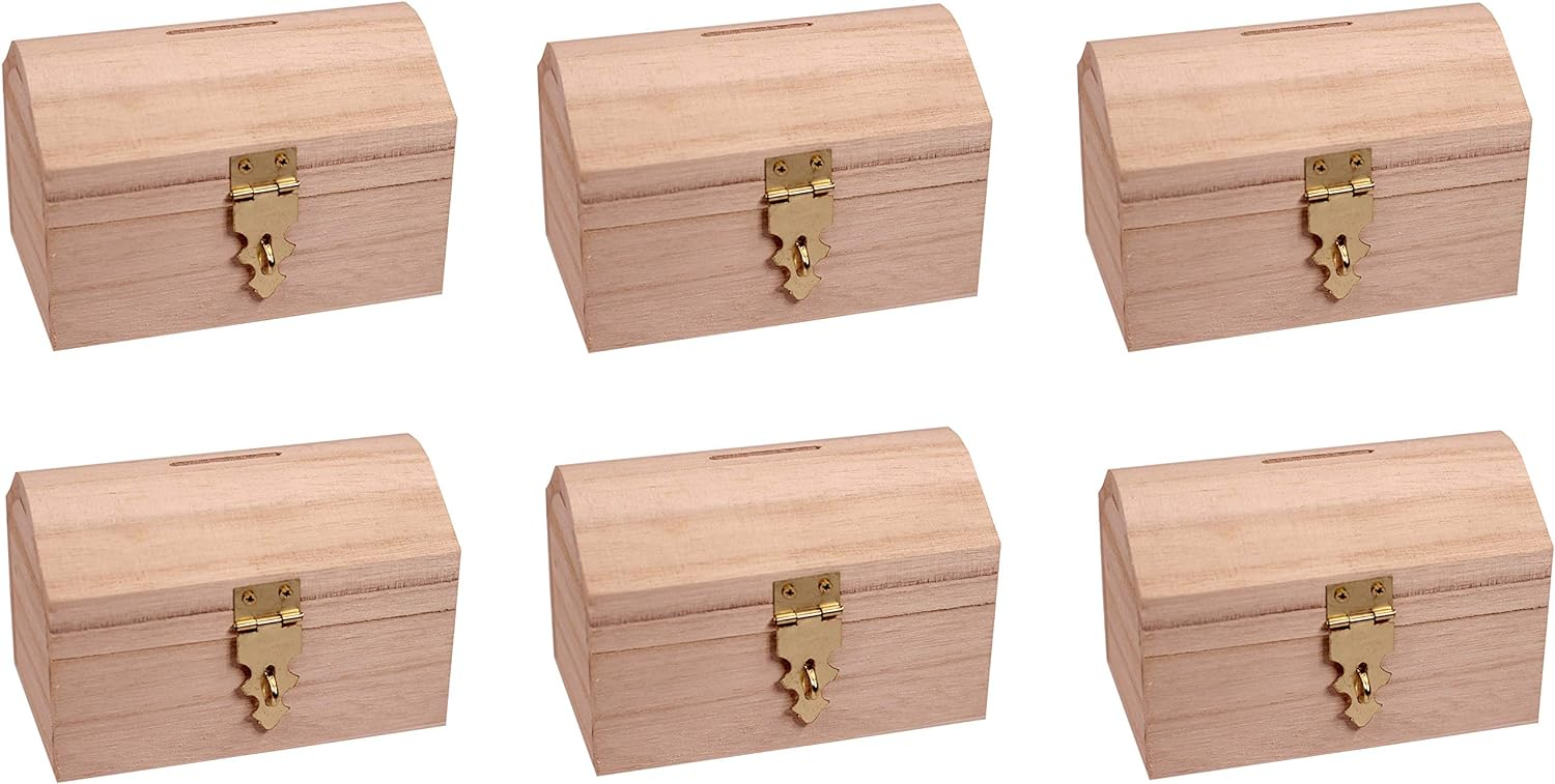 Pack of 6 Ready to Decorate Wood Treasure Chest Box Savings Bank with Coin Slot, Hinged Lid and Lockable Front Clasp, DIY Craft