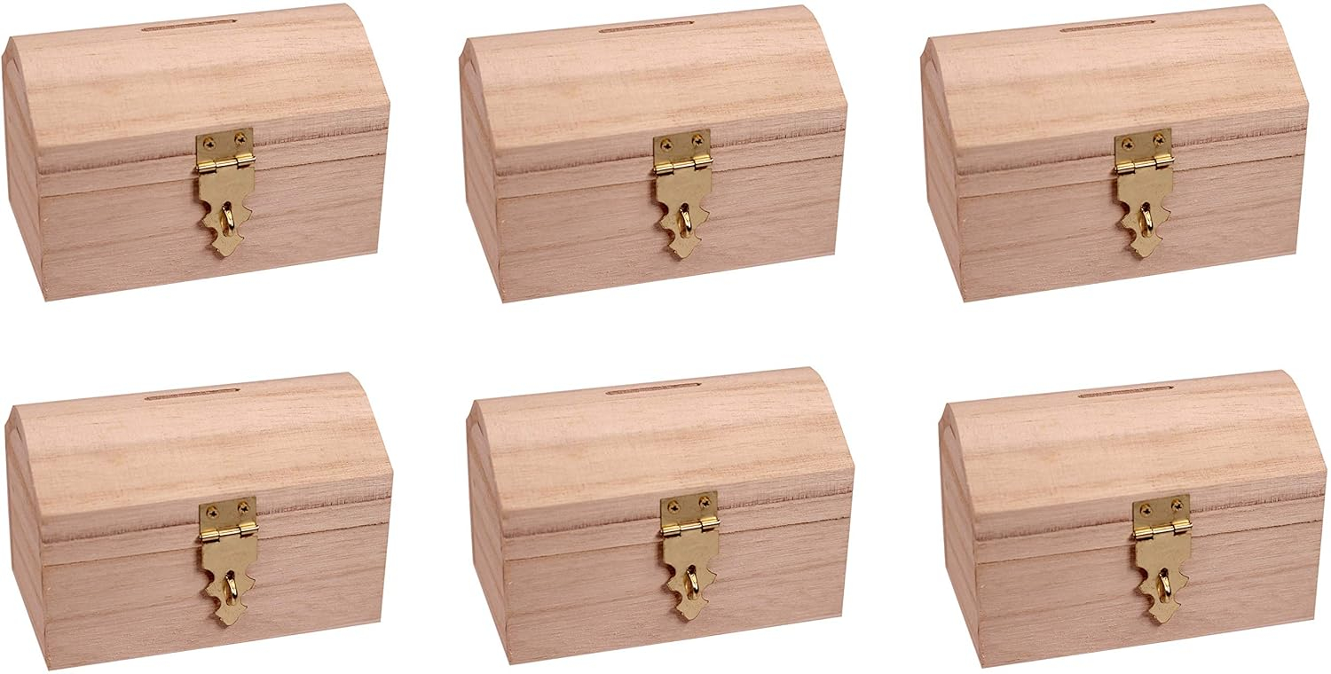 Pack of 6 Ready to Decorate Wood Treasure Chest Box Savings Bank with Coin Slot, Hinged Lid and Lockable Front Clasp, DIY Craft