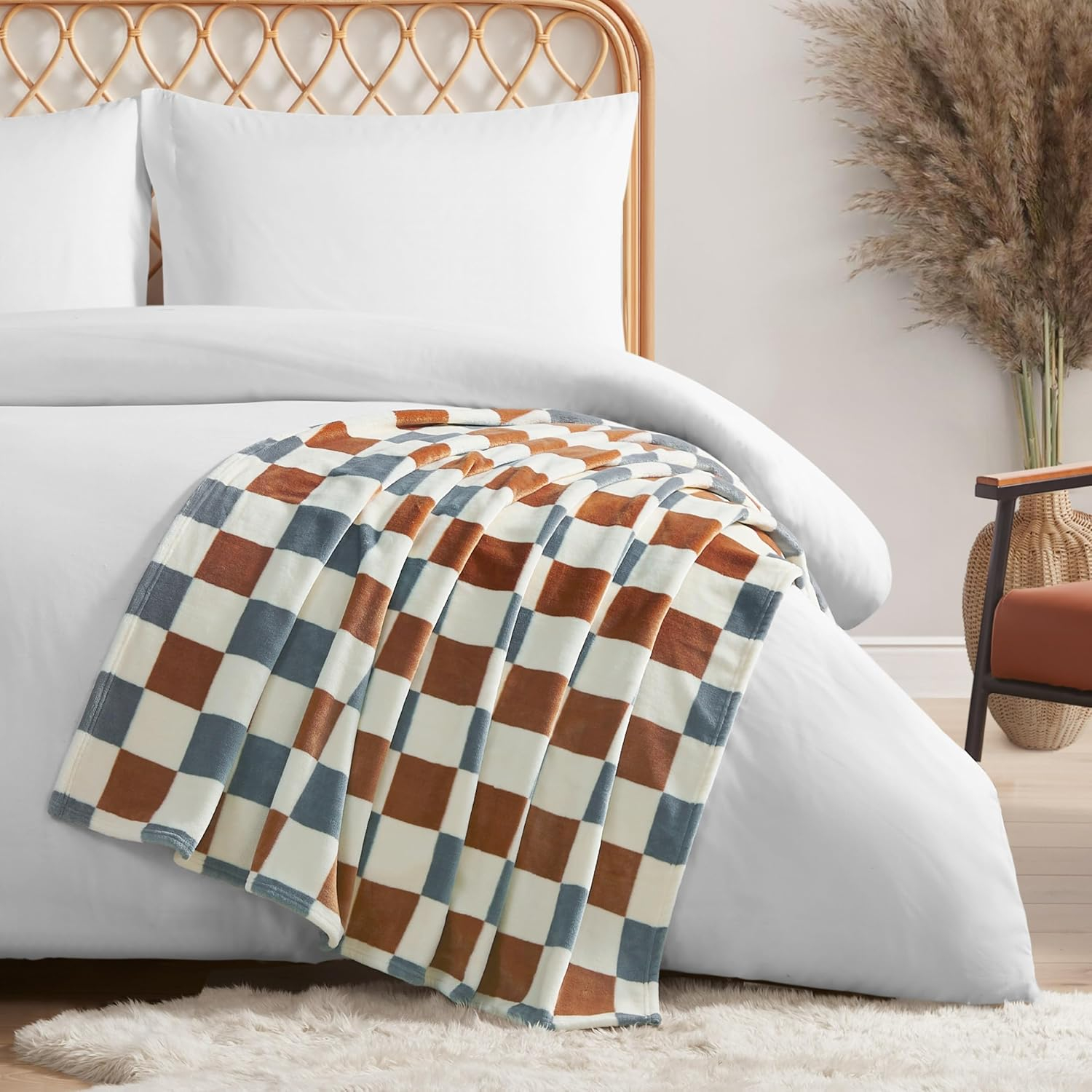 Jessica Simpson Plush 50"X70" Throw Blanket - Emery Checkerboard Rust/Grey- Luxurious Plush Blanket for Ultimate Comfort and Cozy Warmth