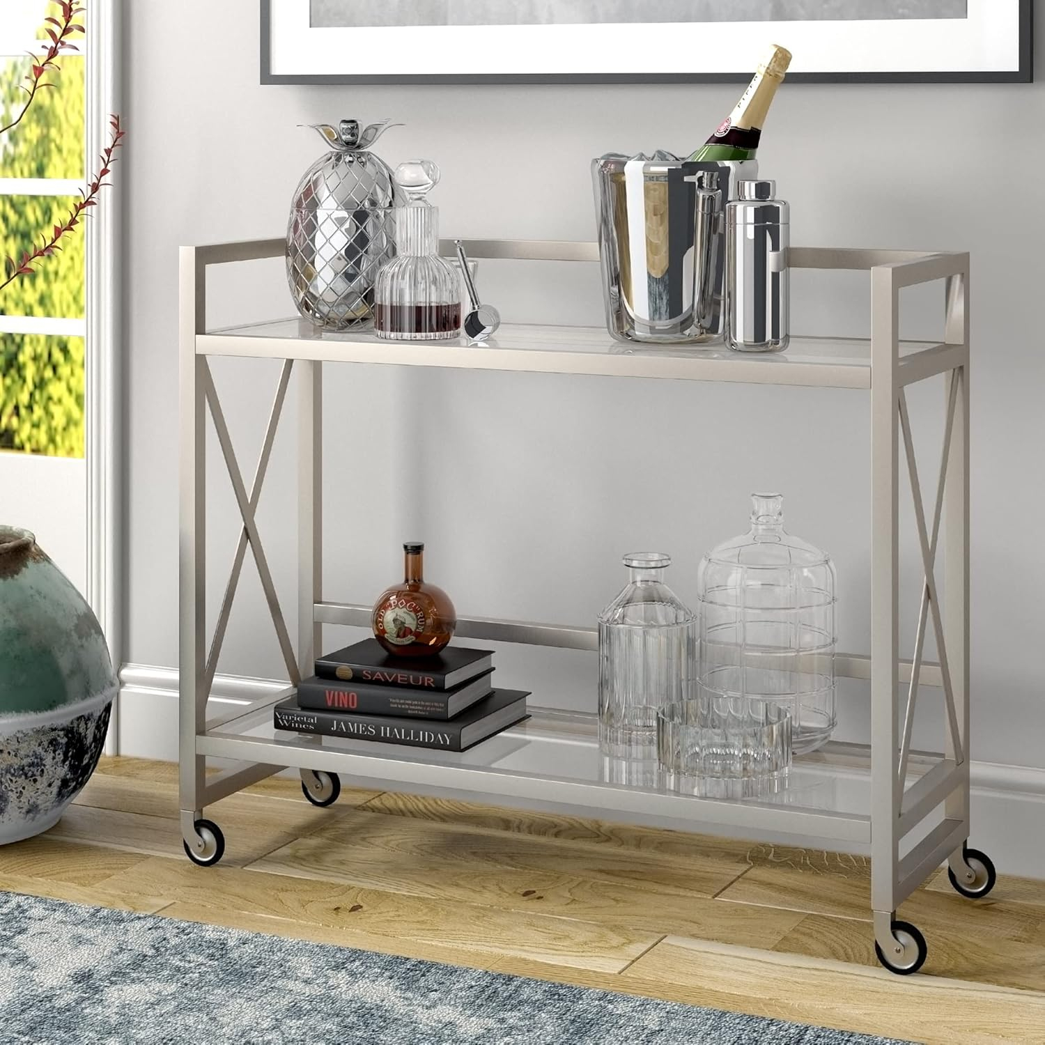Evelyn&Zoe Contemporary Metal Bar Cart with Glass Shelf