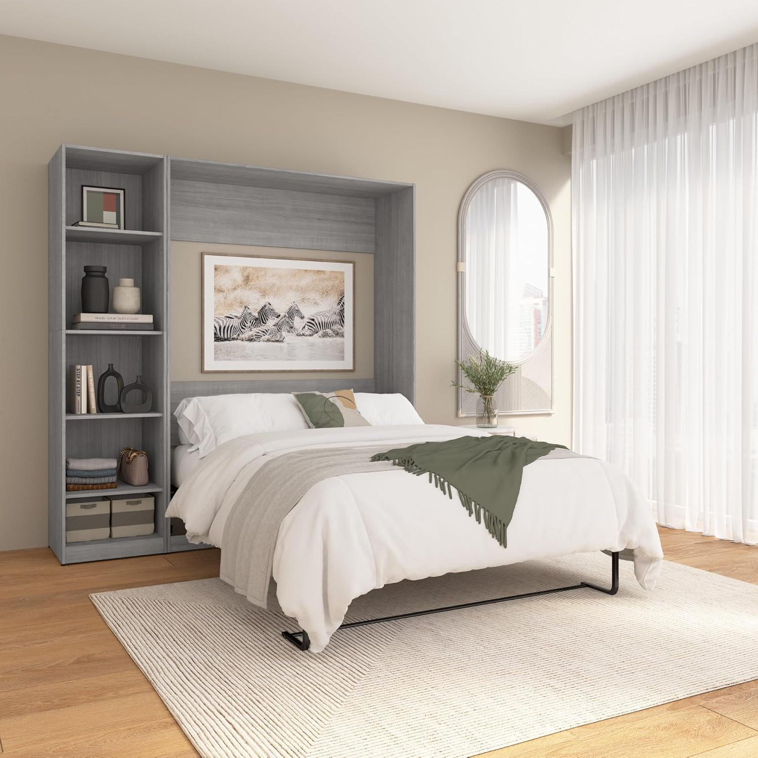Platinum Gray Full Murphy Bed with Wood Frame and Closet Organizer