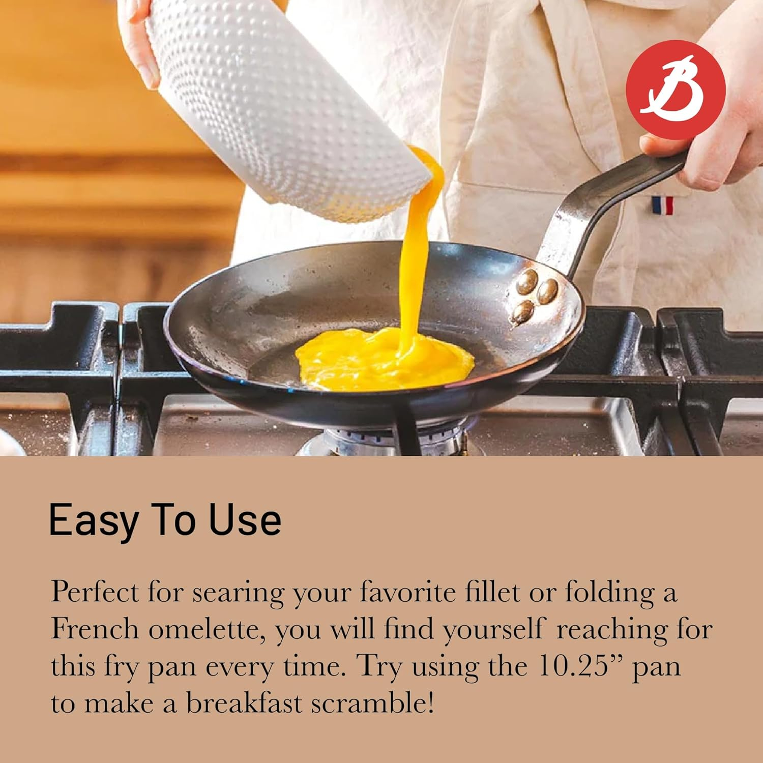 De Buyer MINERAL B Carbon Steel Omelette Pan - 8” Diameter, 6.9” Cooking Surface - PFAS, PFOA & PFOS Free - Made in France