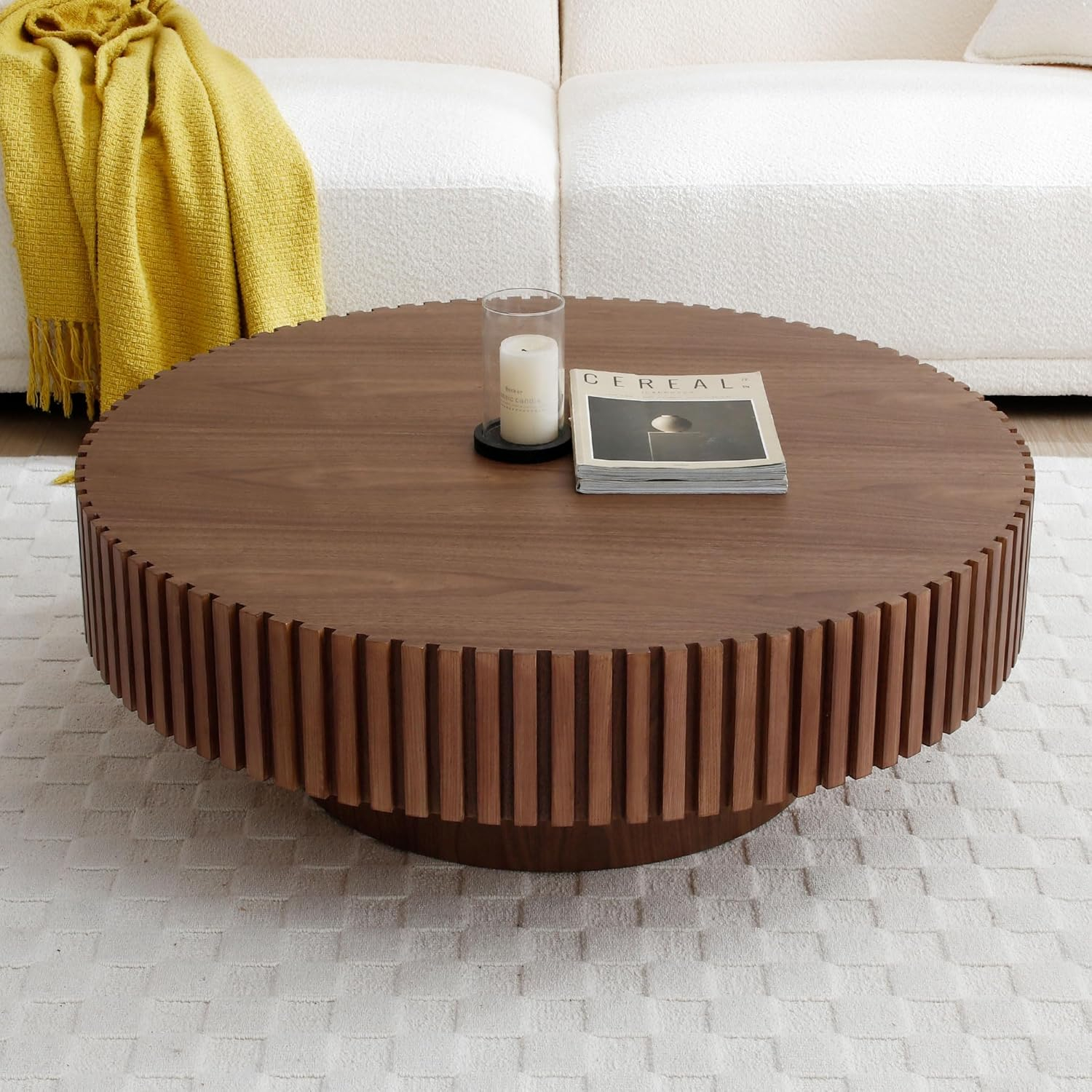 Round Coffee Table for Living Room, 31.49" Modern Handcraft Relief Drum Circle Wood Side End Accent Center Table for Small Space, Apartment, Walnut