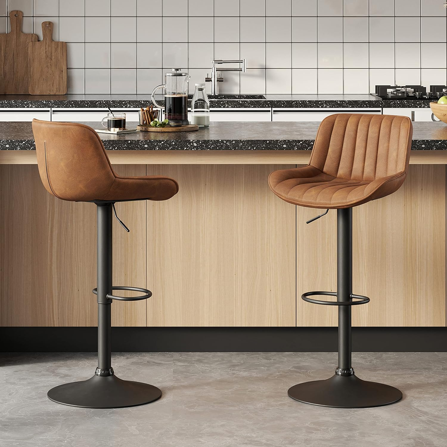 Art Leon Rustic Bar Stools Set of 2, Faux Leather with Backrest Chrome Legs, Upholstered Swivel Kitchen Stools, Yellow Brown