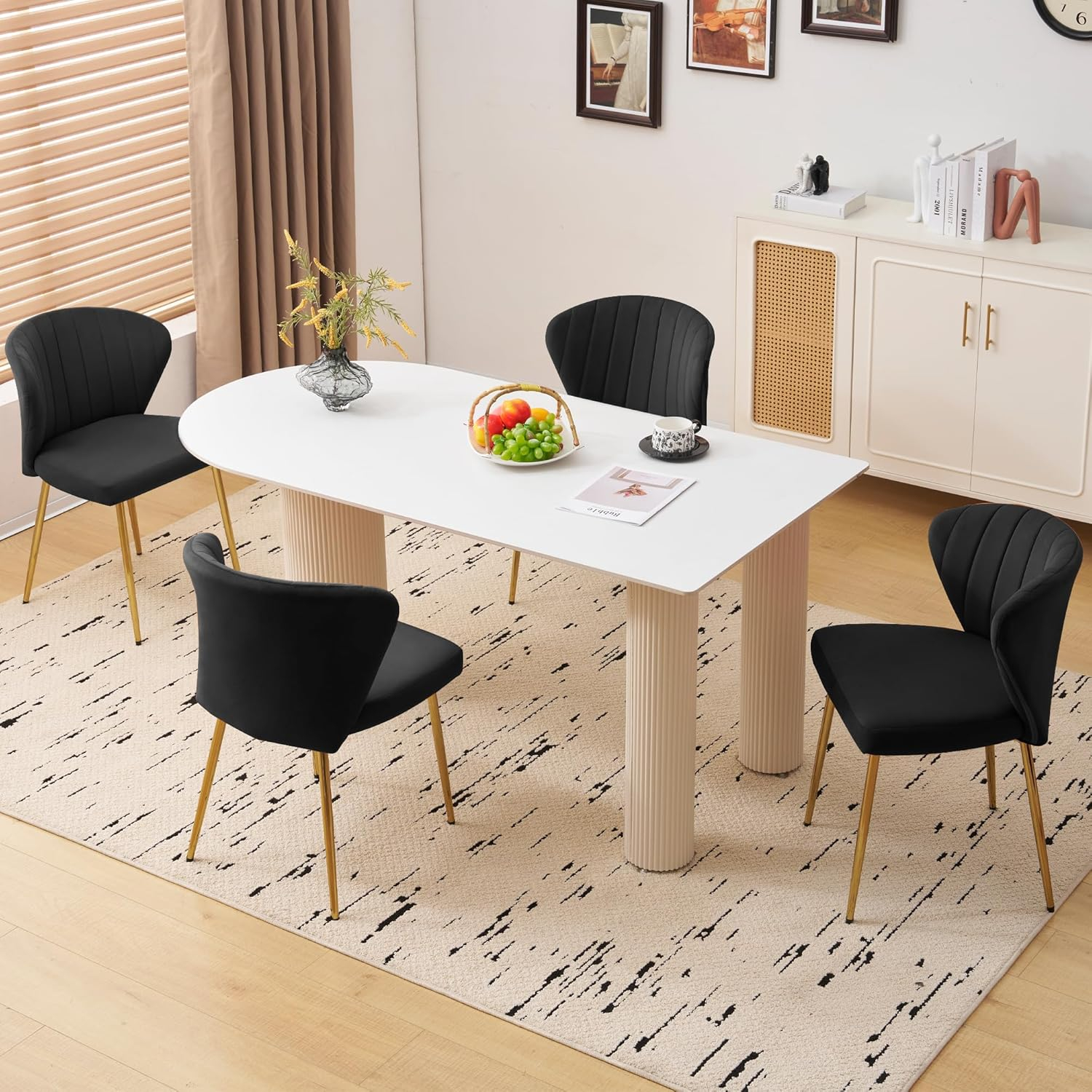 Velvet Dining Chairs Set of 2, Modern Upholstered Vanity Chairs with Golden Metal Legs for Dining Room Kitchen Vanity Patio (Black)