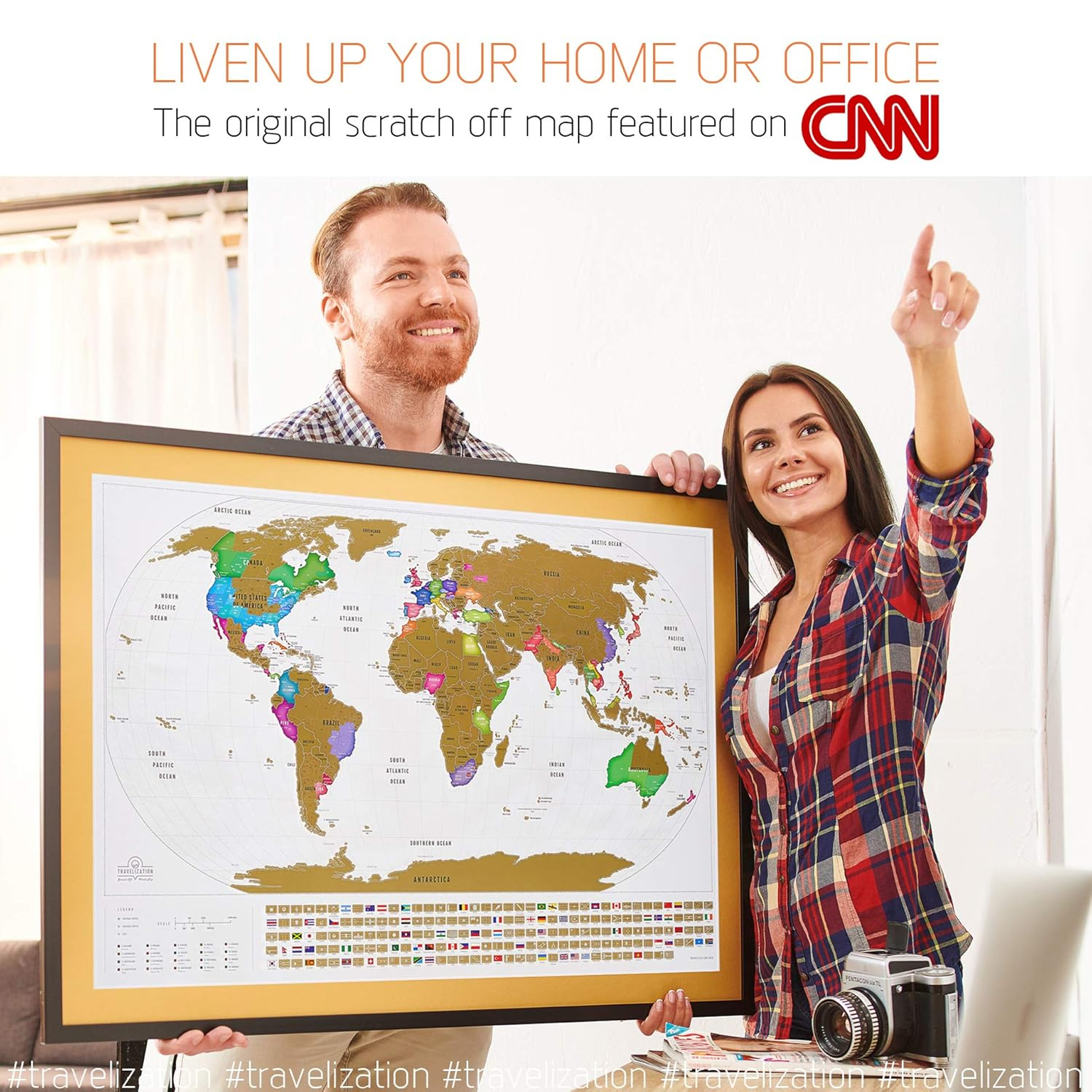 XL Scratch Off World Map with 196 Country Flags 36" x 24" Frameable Travel Map with Vibrant Colors and Premium Gold Coating, Beautiful Visited Places Tracker for Travelers, White