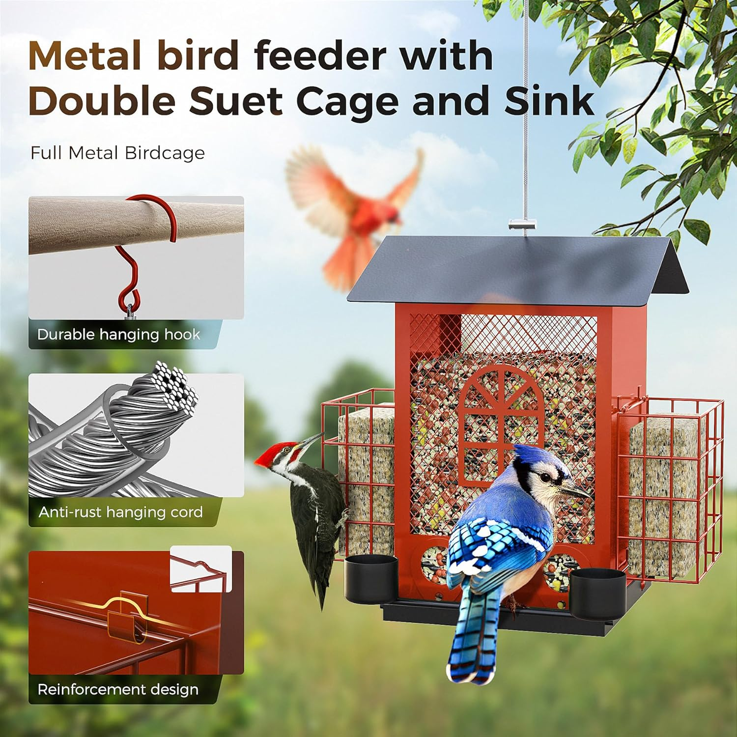 PerchMe® Bird Feeders for Outdoors Hanging, Metal Bird House Feeder with 2 Suet Cage and 4 Water Cups,Large Capacity,Weatherproof,Easy to Clean & Refill-Red