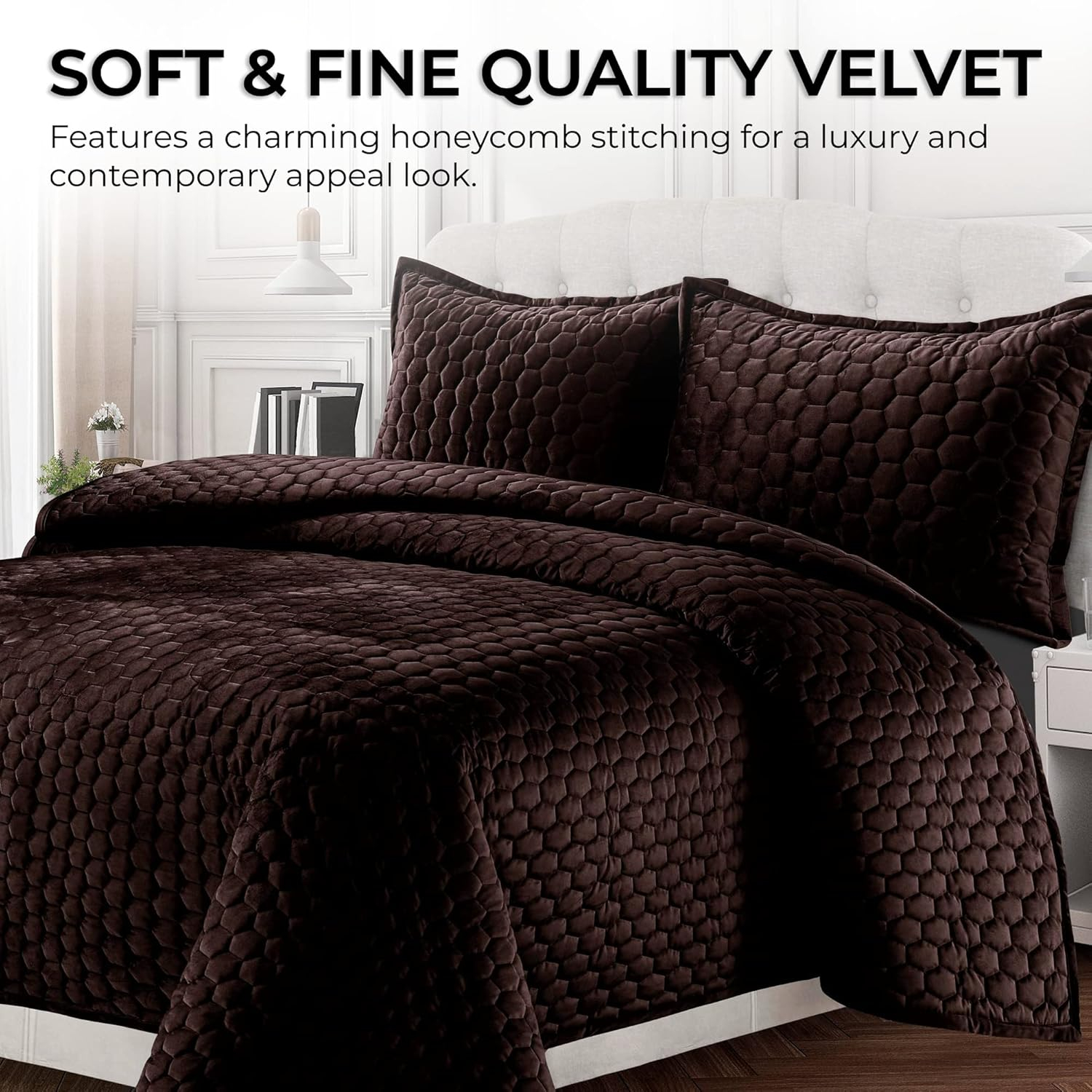 Chocolate Queen Velvet Reversible Quilt Set with Honeycomb Stitch