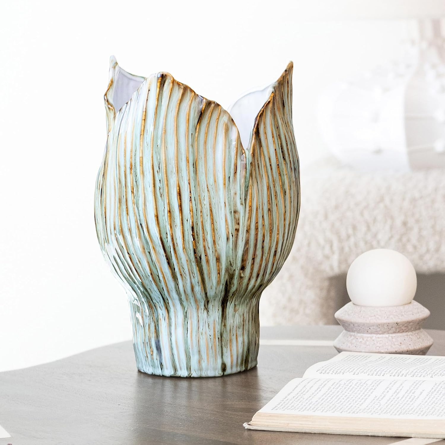 Creative Co-Op Stoneware Pleated Sculptural Vase with Reactive Glaze, Green and White
