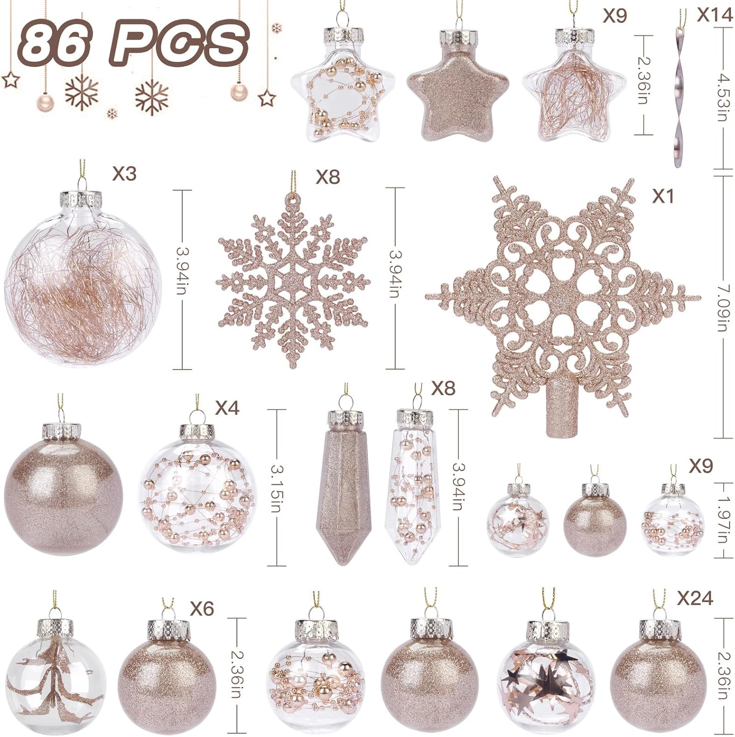 SHareconn 86PCS Christmas Tree Ornaments Clear Set,Shatterproof Christmas Tree Decorations Balls for Xmas Tree Decor Holiday Wedding Party Decoration,Champagne O1