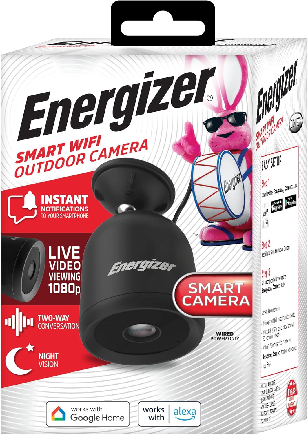 Energizer Smart Outdoor 1080P Security Camera with 2-Way Audio, Night Vision, Instant Alerts, Cloud Storage, Remote Access, Voice Control Compatible with Alexa & Google Assistant, Black