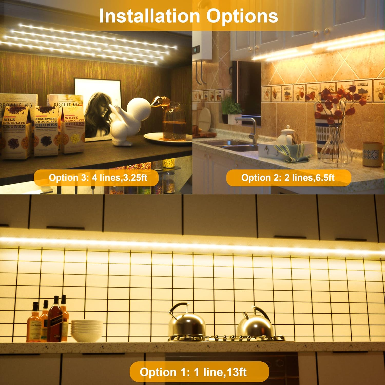 Led Under Cabinet Lighting Kit, 8 PCS Warm White Flexible Led Strip Lights with RF Remote and Power Adapter, for Kitchen Cabinet Shelf Desk Counter Corner, 8 Strips with Connecting Wires, 27