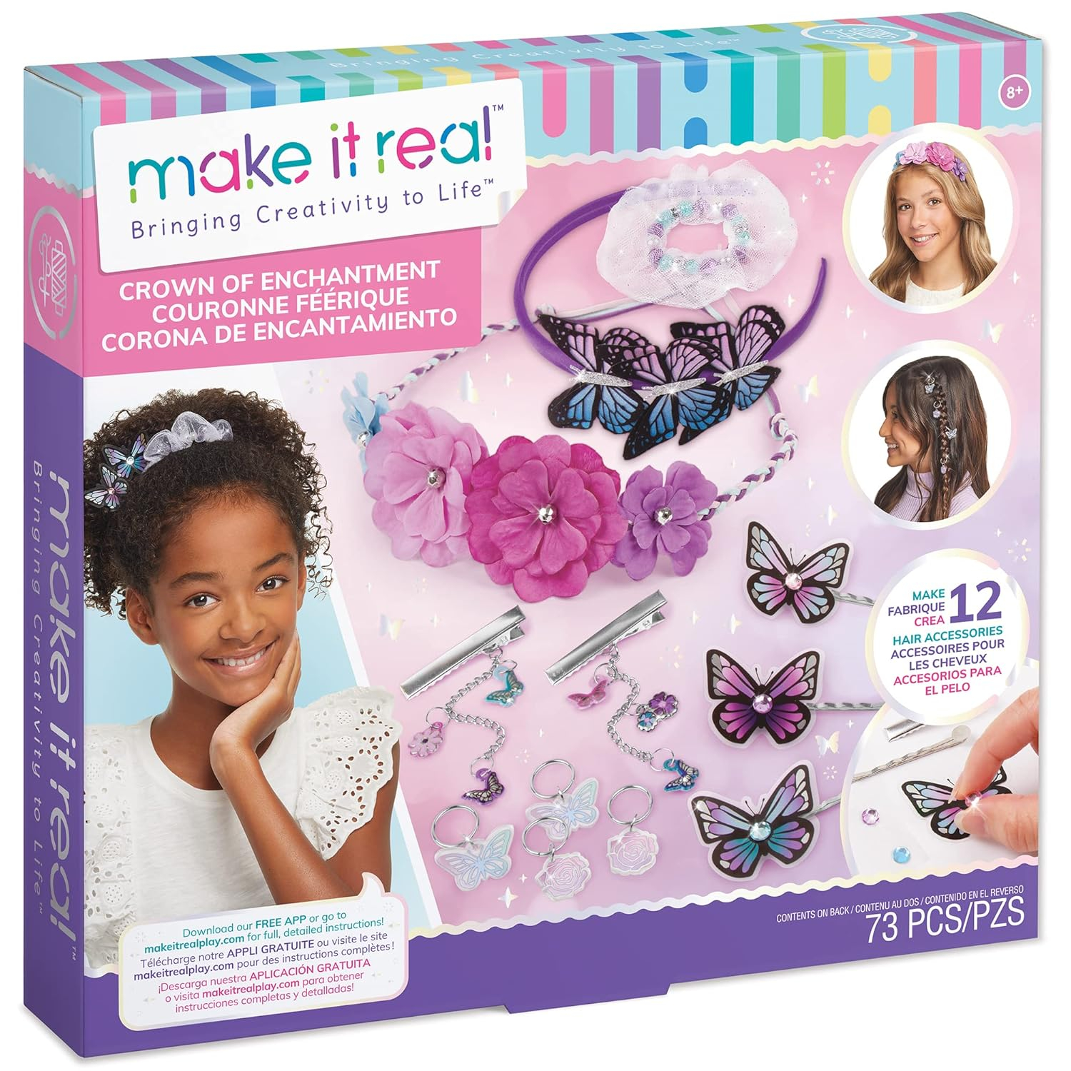 Make It Real: Crown Of Enchantment - DIY Jewelry Kit, Create Up To 12 Eye-Catching Charm Hair Accessories, Butterflies, Pink Purple Blue, 73 Pieces, All-In- 1 DIY KIT, Tweens & Girls, Kids Ages 8+