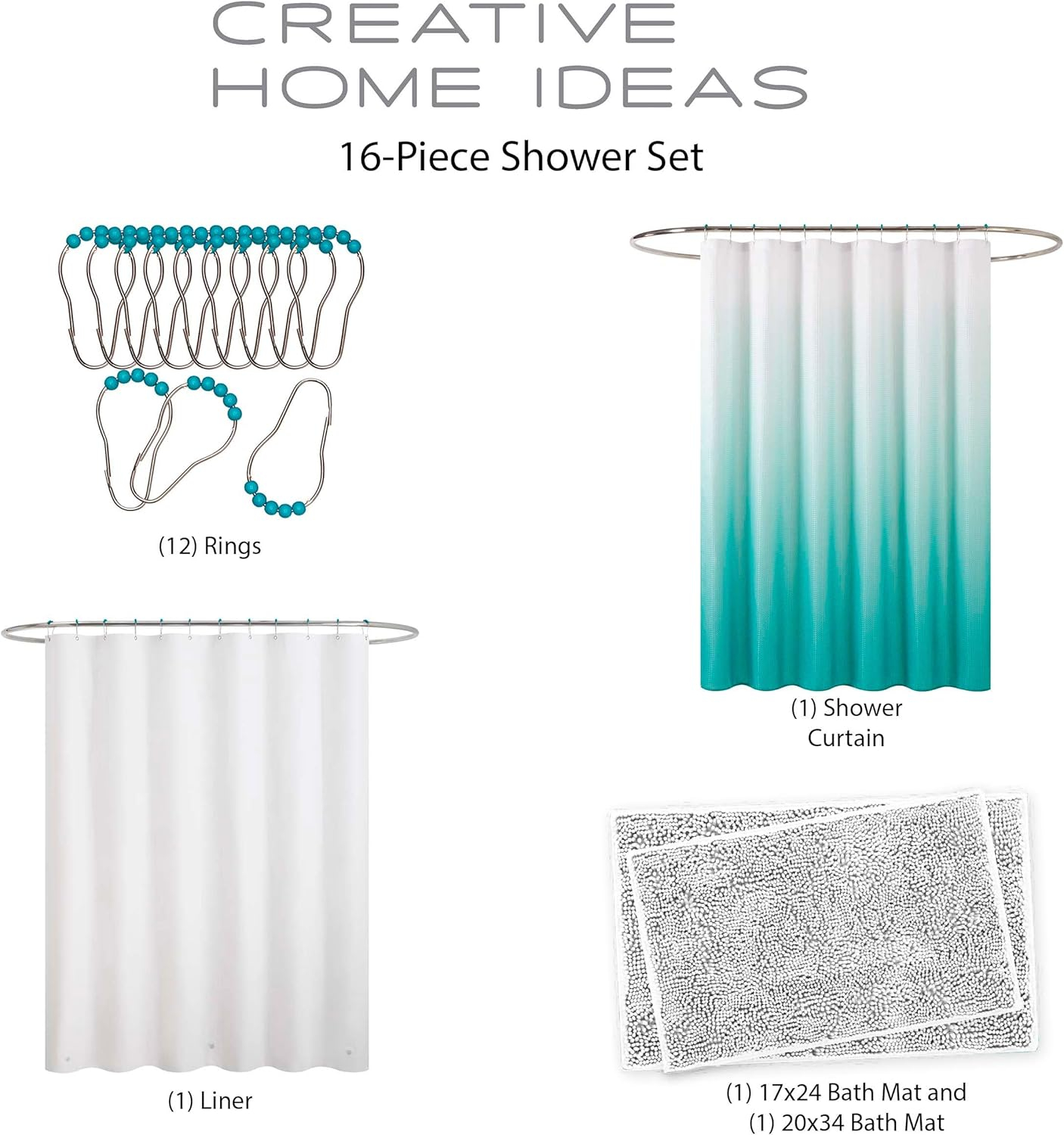 Creative Home Ideas Bathroom Sets with Shower Curtain and Rugs| Shower Curtain Sets with Rugs, Shower Curtain, Liner Set, 2 Chenille Bathmats and 12 Hooks | 70 x72 | White/Turquoise Ombre
