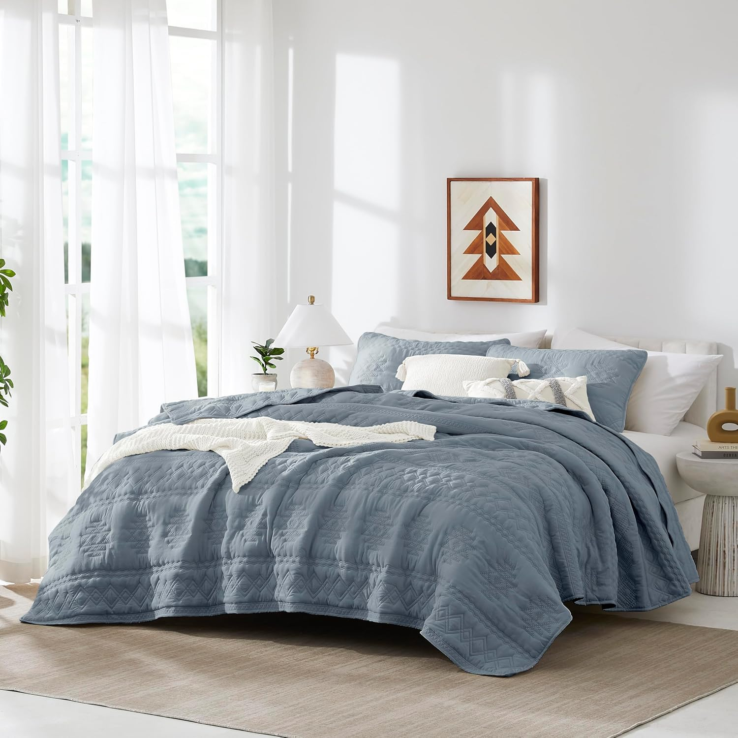 WDCOZY Boho Blue Grey Oversized California Cal King Size Quilt Bedding Sets with 2 Pillow Shams, Farmhouse Lightweight Soft Bedspread Coverlet for All Season, 116x106 inches