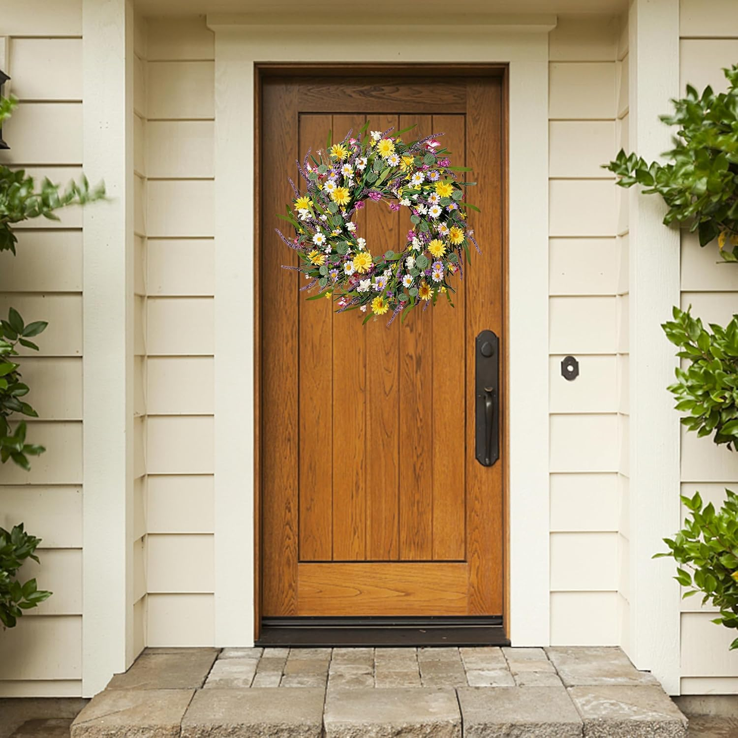 Sggvecsy Daisy and Lavender Wreath 22’’ Wildflower Spring Summer Artificial Silk Wreath for Front Door Home Wall Wedding Festival Farmhouse Holiday Decor