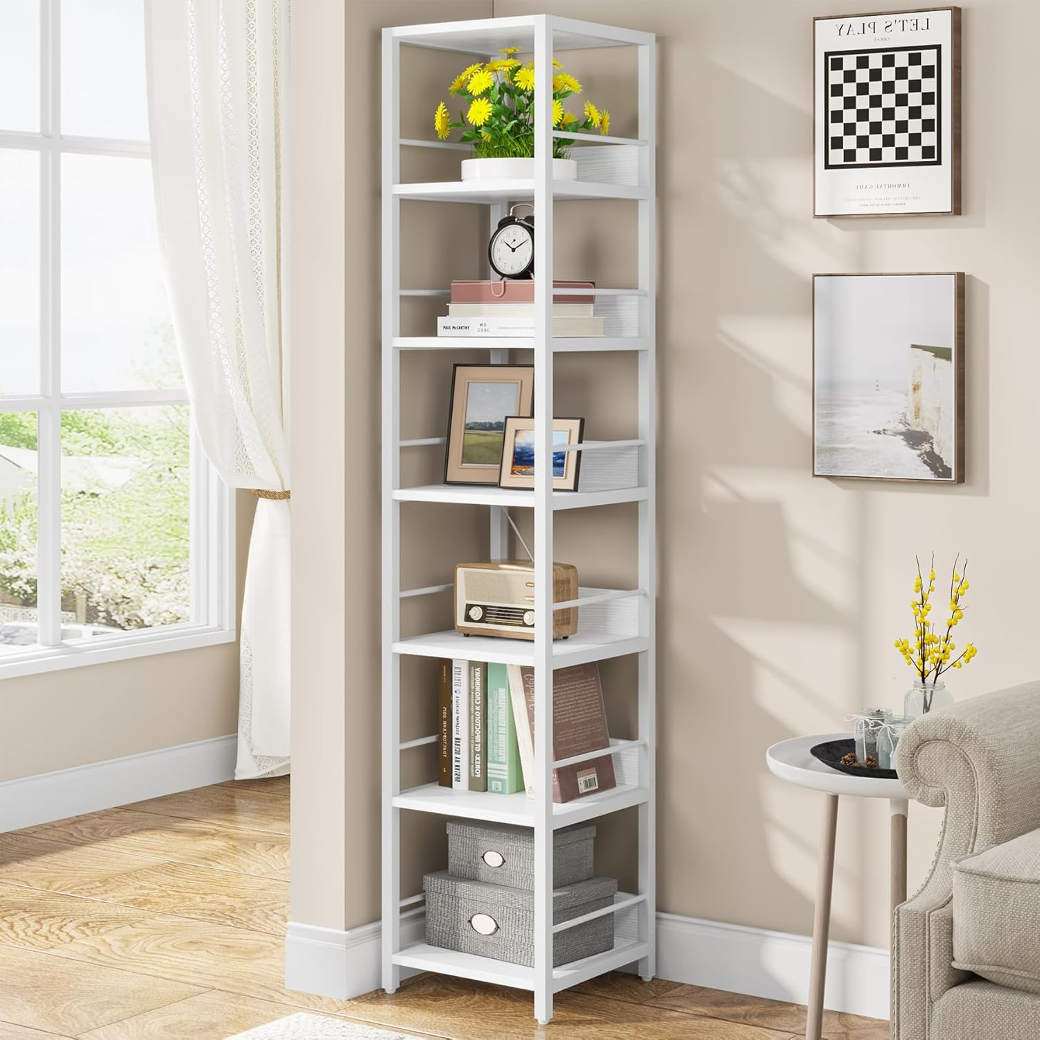 75 Inch Tall Narrow Corner Shelves, 6-Tier Etagere Shelve Storage Rack Bookshelves for Home Office White