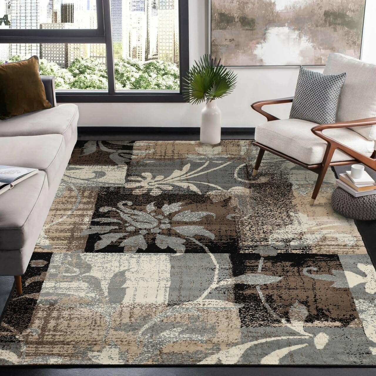 Superior Indoor Area Rug, Jute Backed, Perfect for Office, Living/Dining Room, Bedroom, Kitchen, Hallway, Entryway, Floor, Modern Floral Patchwork Decor, Pastiche Collection, 4' x 6', Beige