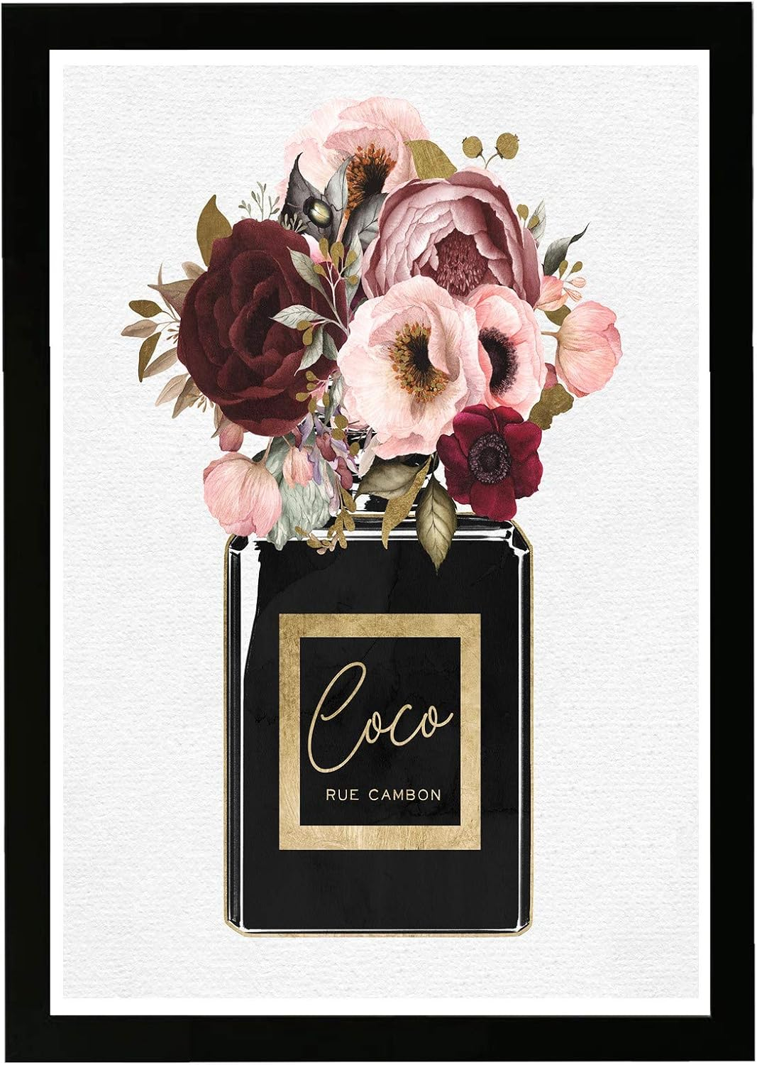 Wynwood Studio Fashion and Glam Framed Wall Art Prints 'Blush Floral Perfume' Perfumes Home Decor - Black, Pink, 13" x 19"