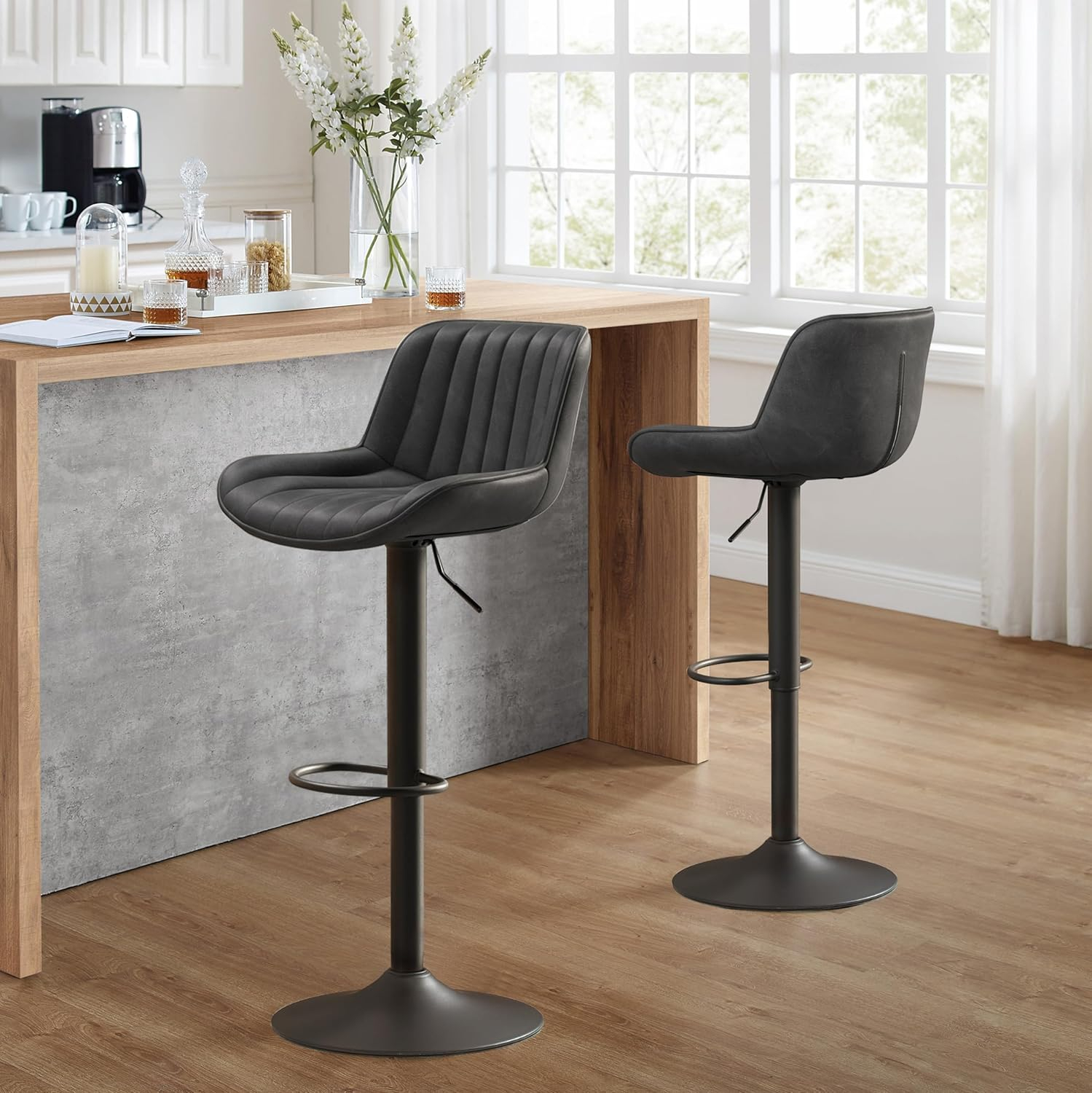 Art Leon Rustic Bar Stools Set of 2, Faux Leather with Backrest Chrome Legs, Upholstered Swivel Kitchen Stools, Black Brown