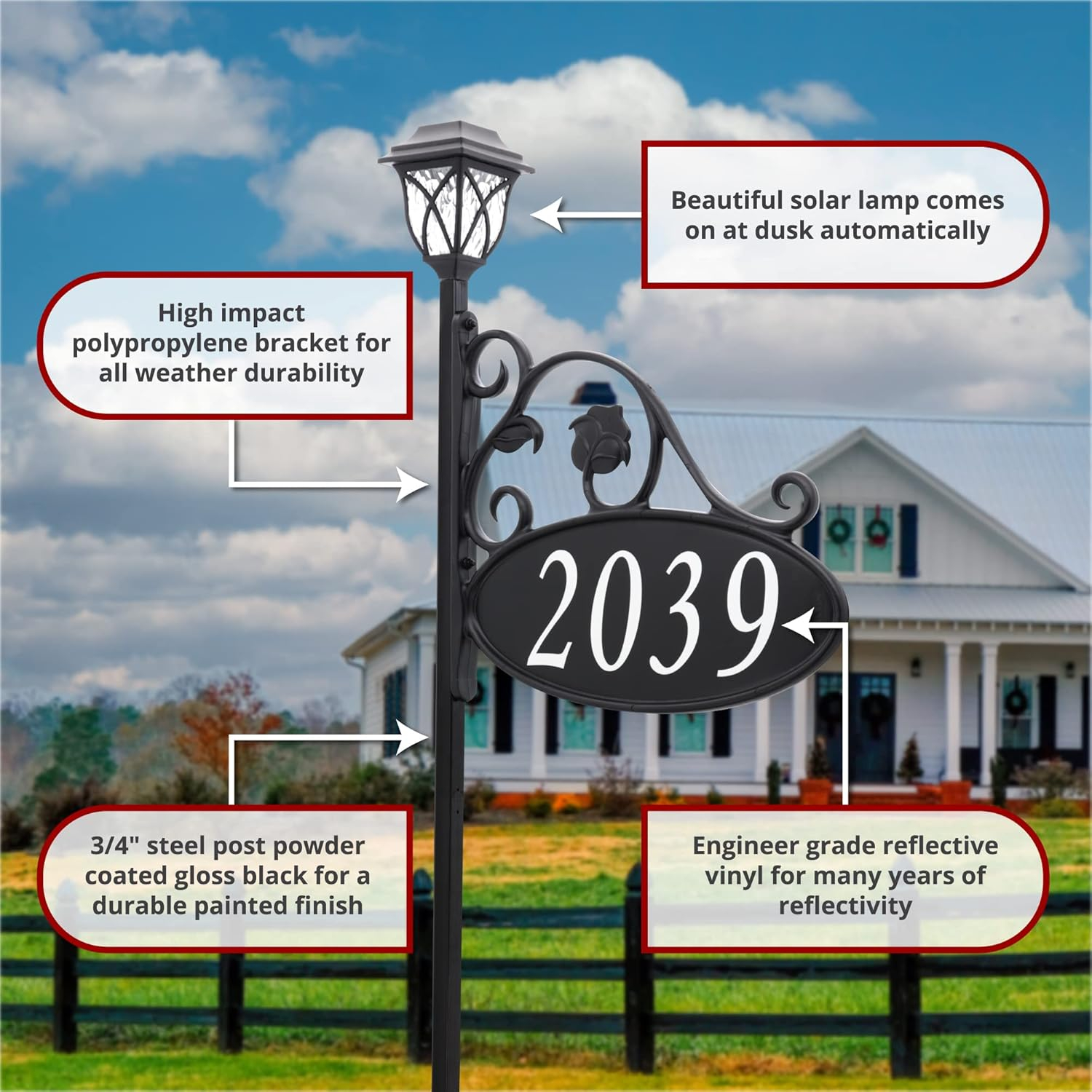 Address America USA Handcrafted, Double-Sided Park Place Reflective Address Sign With Solar Light - 58" Pole