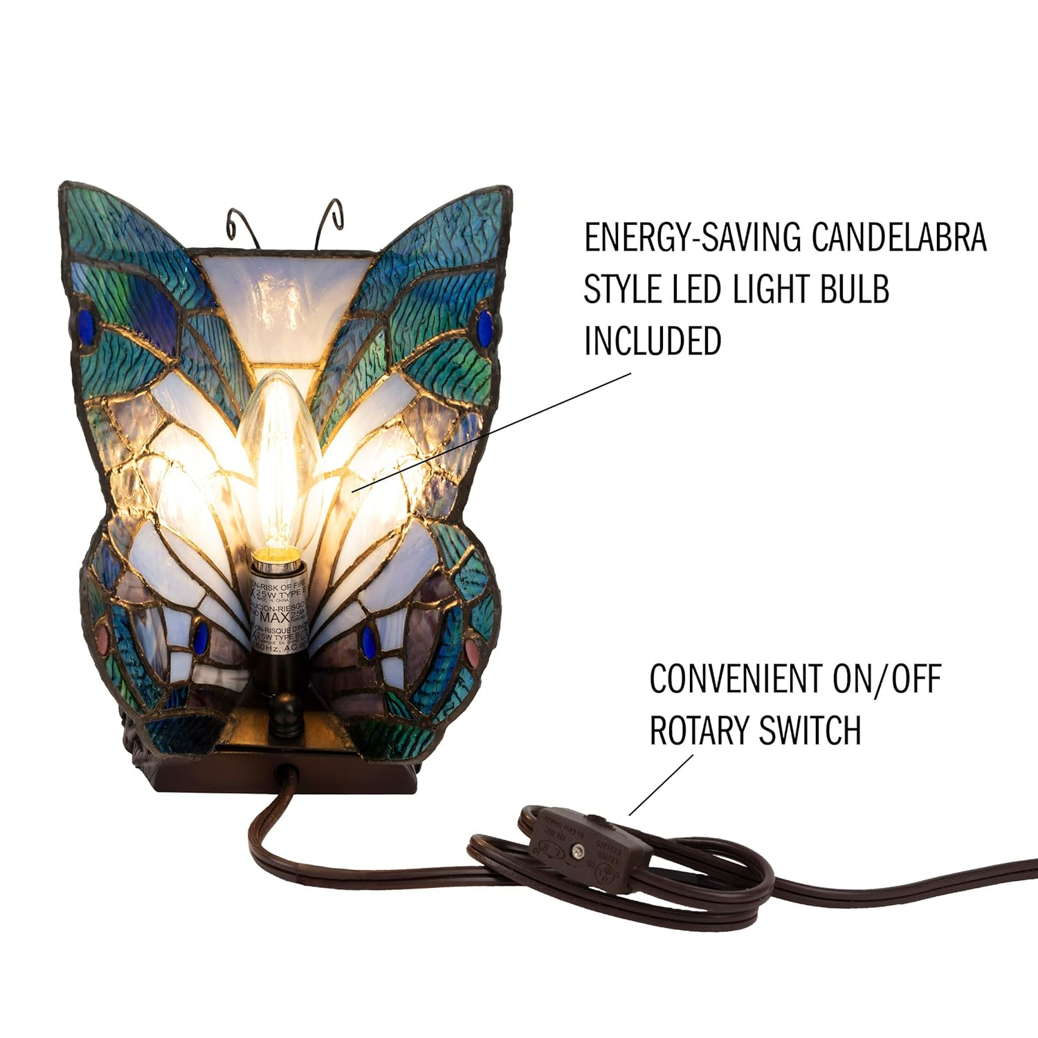 Tiffany Style Butterfly Lamp - Stained Glass Table or Desk Light LED Bulb Included - Colorful Vintage Look Butterfly Decor by Lavish Home