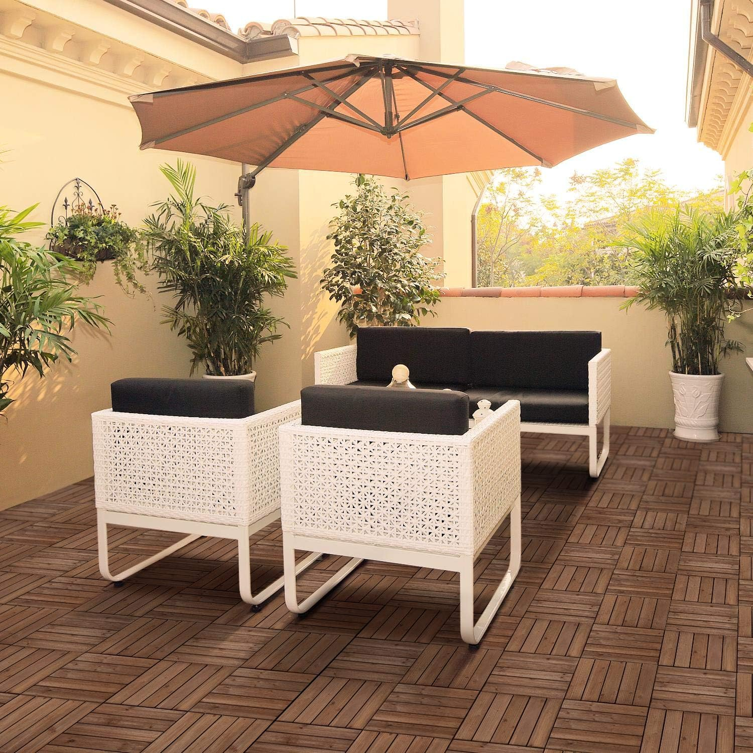Yaheetech Pack of 27 Fir Wood Flooring Tiles Wood Plastic Interlocking Flooring Tiles Waterproof and Non-Slip, 12''x 12'', Brown