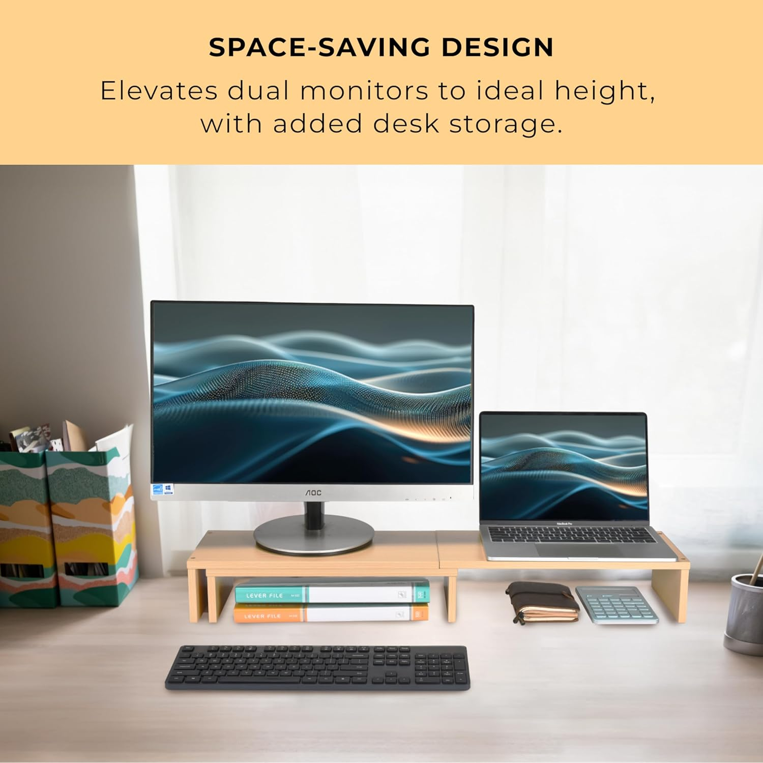 Prosumer's Choice Wood Monitor Stand Riser - Computer Desk Organizer Desktop Dock Wooden Mount Display for PC TV Screen Notebook Laptop - Bamboo