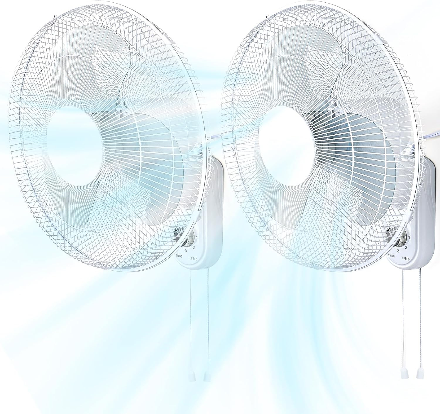 Aottop 16-Inch White Wall Mount Fan with Pull Chain and Knob Control, 2-Pack | 3 Speeds,Oscillating,Ideal for Bedroom, Living Room, and Office