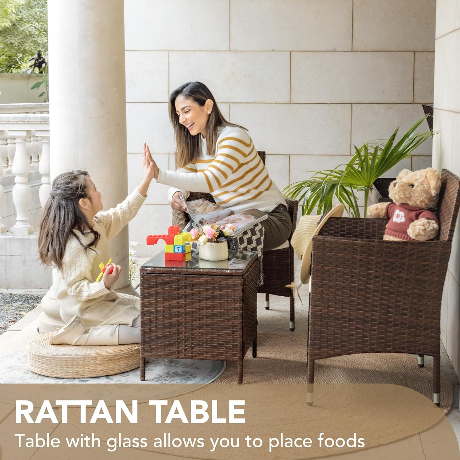 Brown and Beige 3-Piece Rattan Patio Furniture Set