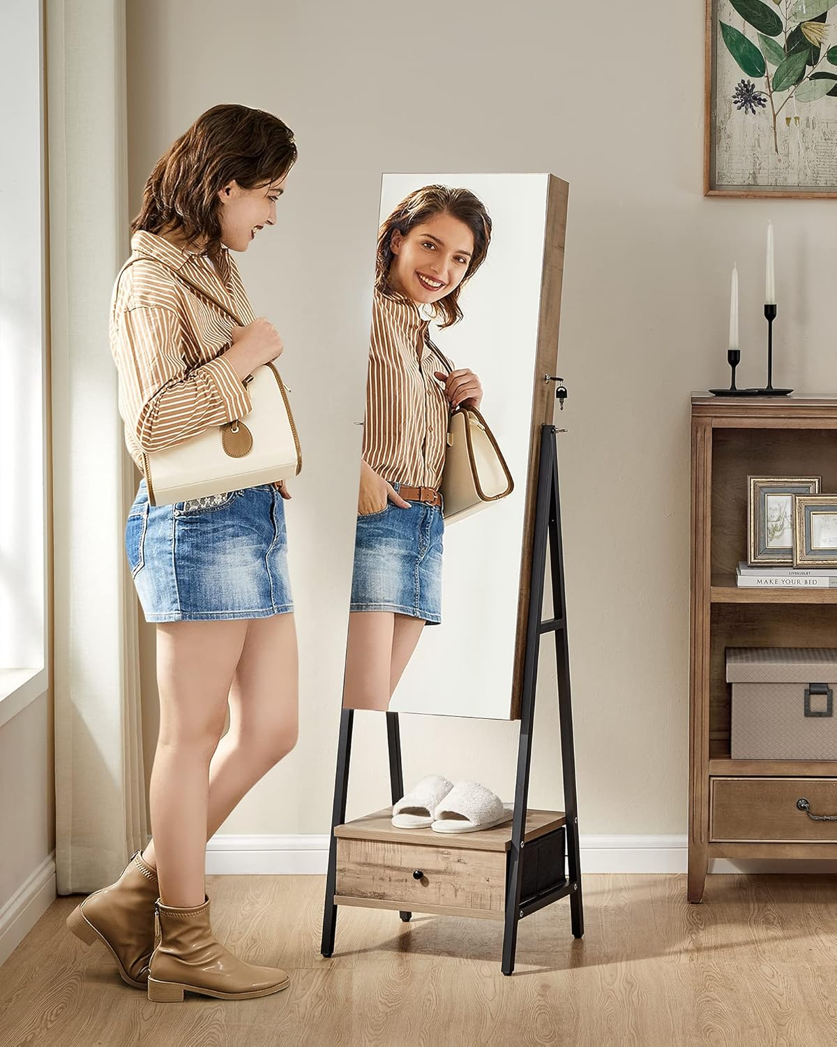 SONGMICS LED Mirror Jewelry Cabinet Standing, Lockable Jewelry Armoire with Full-Length Mirror, Space-Saving Jewelry Organizer with Mirror, Drawer and Shelf, Toasted Oak Color UJJC025N01