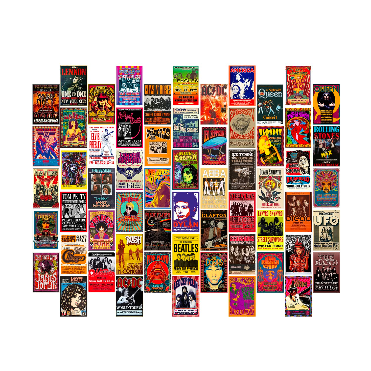 WOONKIT 60 PC Vintage Rock Band Posters, 70s 80s 90s Retro Concert Prints, Bedroom Wall Art, Album Cover Collage, 4x6 Inch (Set of 60)