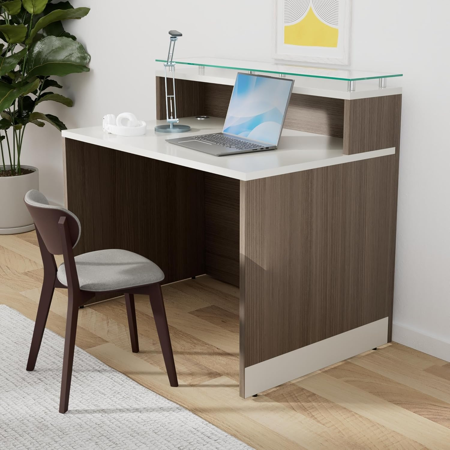 NBF Signature Series Esquire Reception Desk Glass Top, Driftwood Silver Laminate Desk 48”Wx32”D