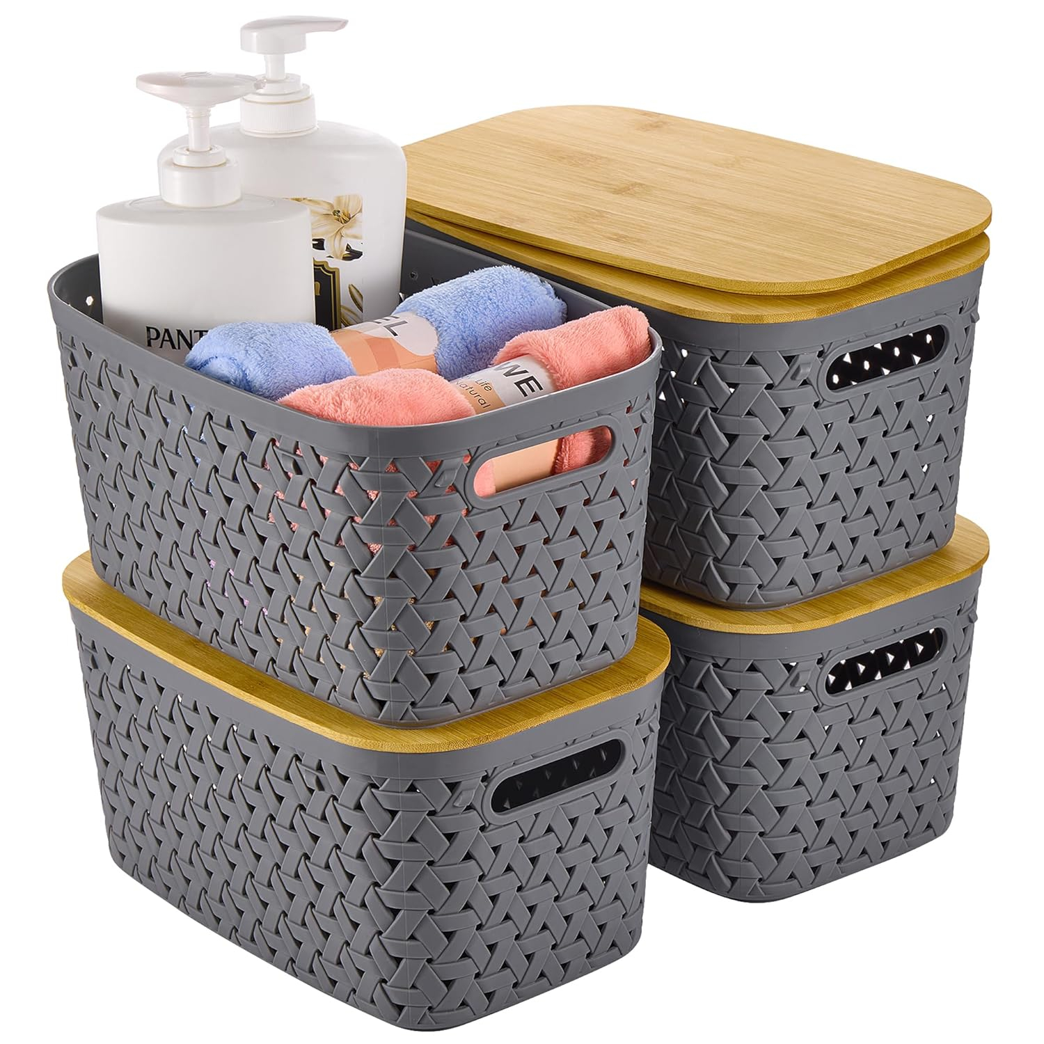 Rebrilliant Plastic Storage Bins With Bamboo Lids Set Of 4 - Pantry Organization And Storage Containers Storage Baskets - Stackable Storage Bins For Shelves Drawers Desktop Closet Playroom Classroom Office