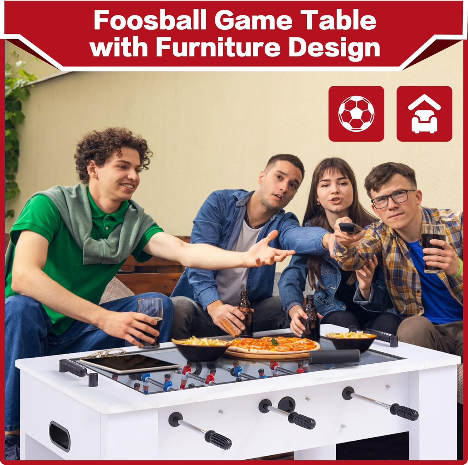 RayChee 42" Foosball Coffee Table, Soccer Game Table with Tempered Glass, RayChee Modern Multi Arcade Game Table with 2 Balls for Adults, Kids, Home, Indoor Family Living Room