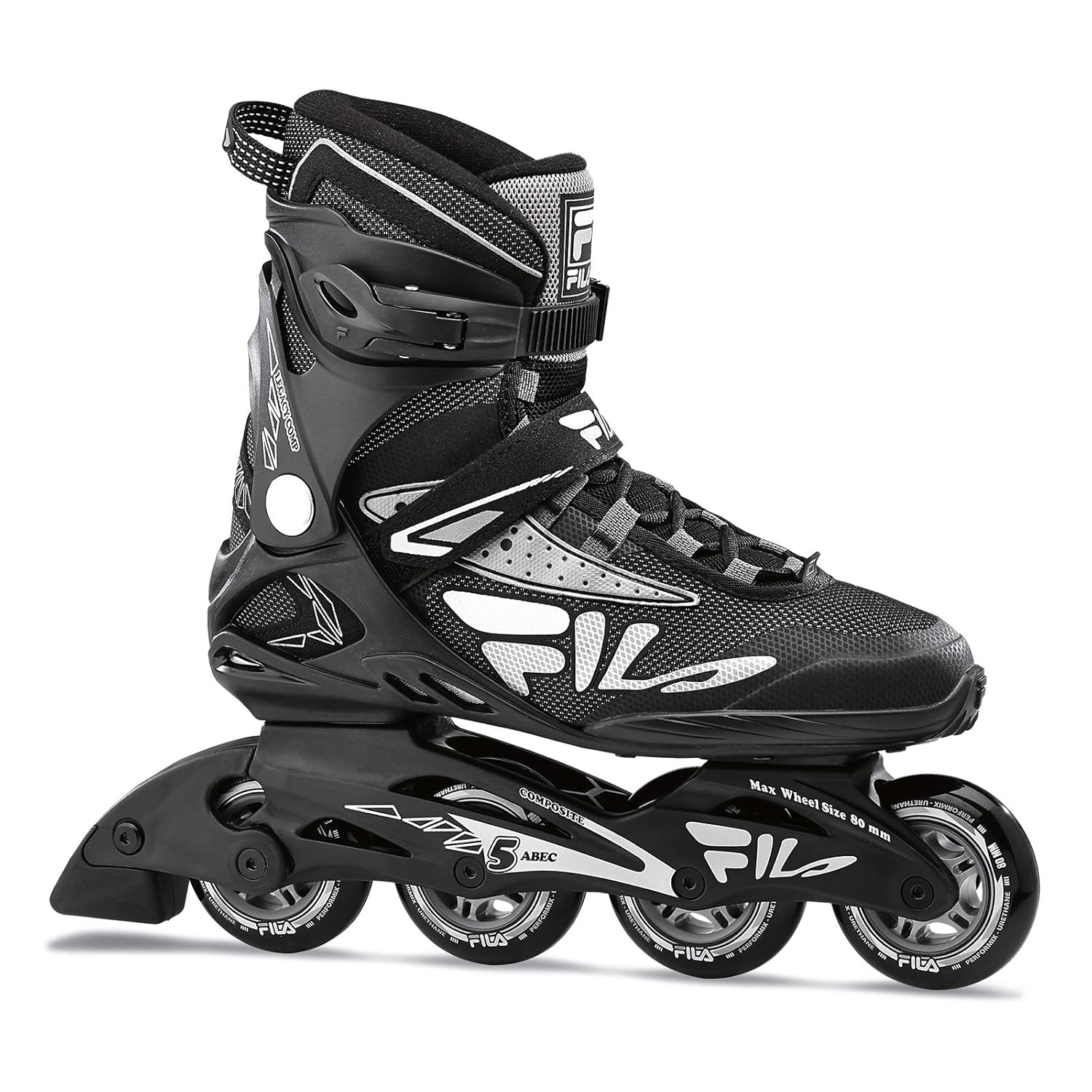 FILA Legacy Comp Inline Skates for Teens and Adults, Unisex Inline Skates for Girls, Boys, Women and Men, Black and Gray, Men's 8