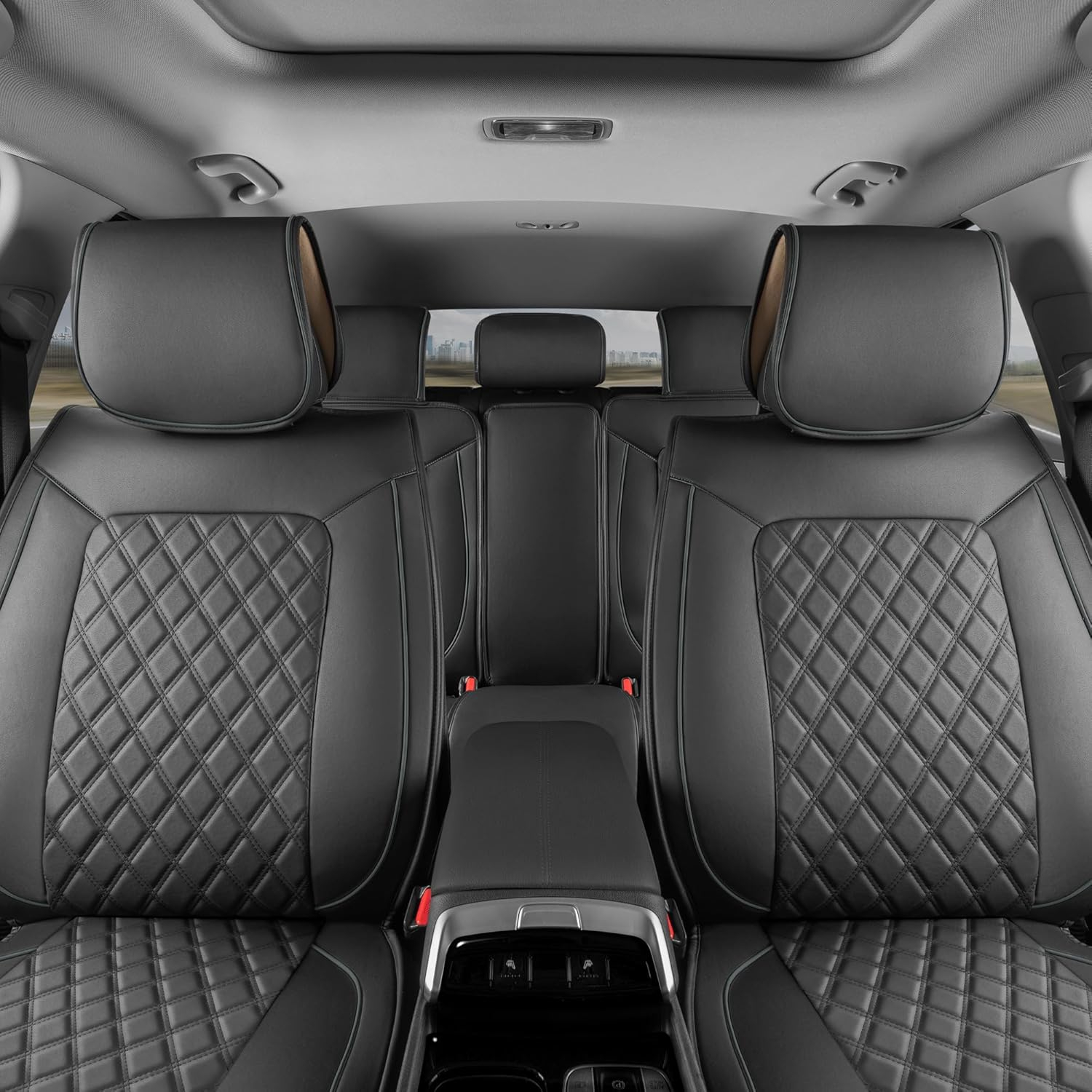 MotorBox Car Seat Covers Prestige Edition Faux Leather Black & Beige Seat Covers for Car Diamond Stitched Cushioned Seat Protectors for Auto, Trucks, SUV, Car Full Set