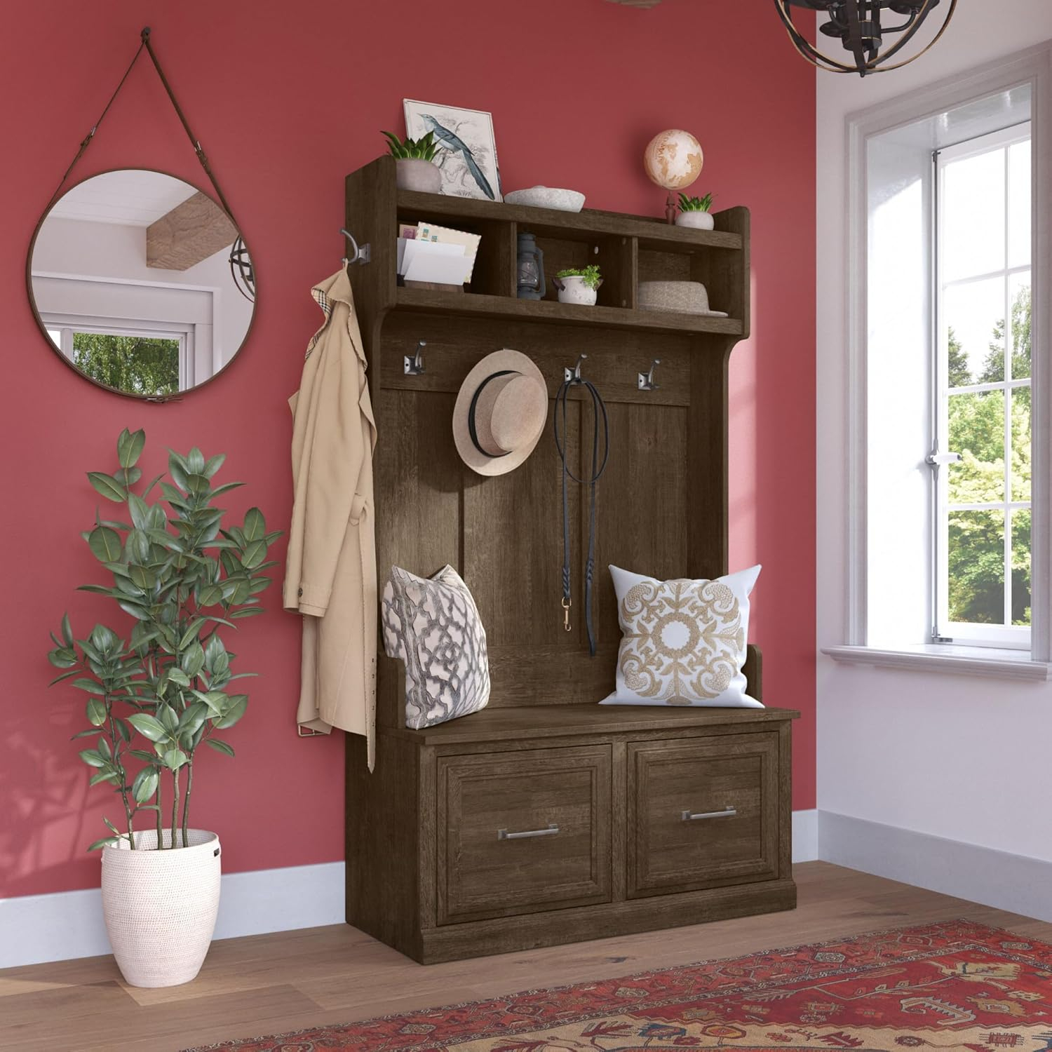 Woodland 40W Hall Tree and Shoe Bench with Doors in Ash Brown - Engineered Wood