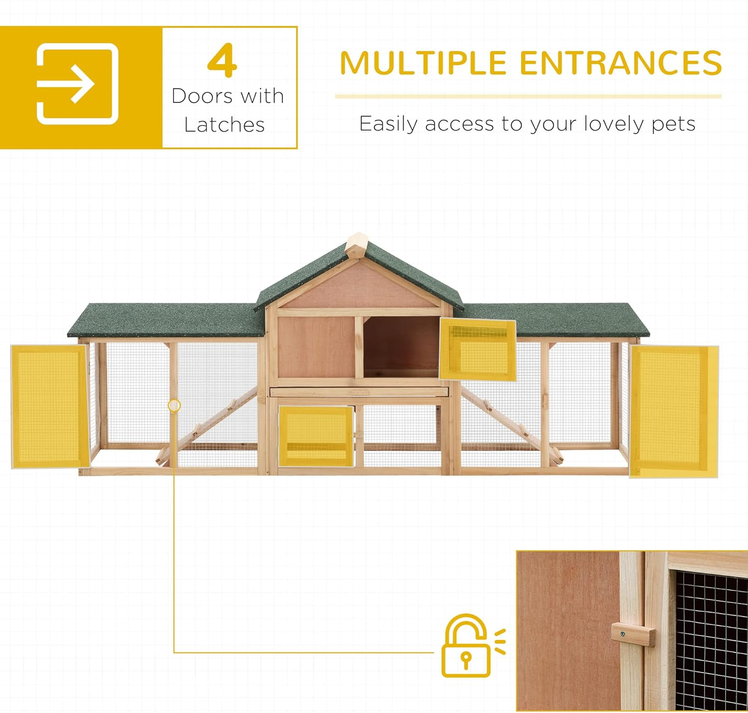 PawHut 83" L Outdoor Rabbit Hutch with Double Runs, Large Guinea Pig Cage Indoor, Wooden Bunny Hutch with Weatherproof Roof, Removable Tray, Ramps, Natural