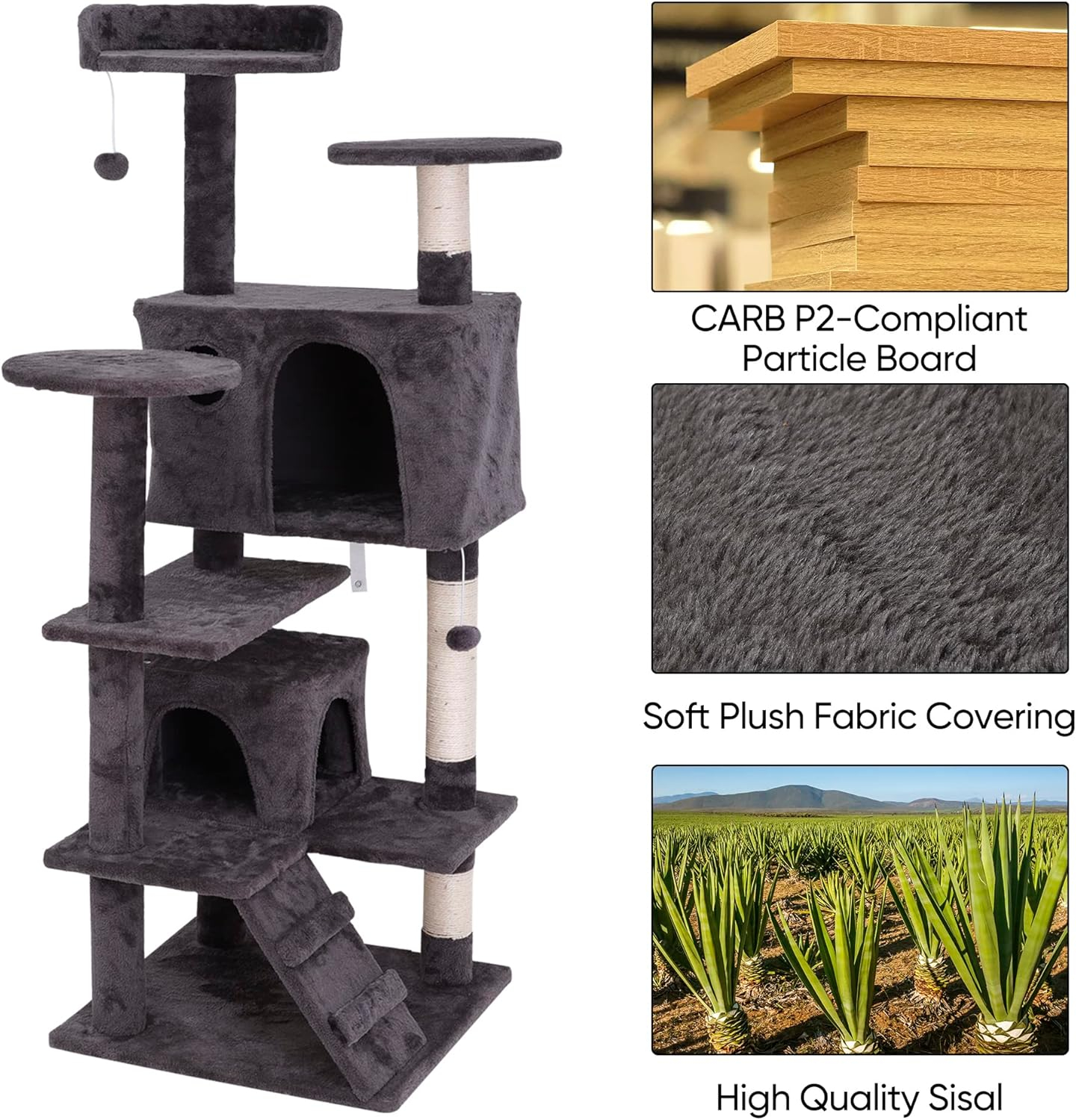 53 Inches Multi-Level Cat Tree Furniture Kitten Activity Play House Bed Pet Kitty Climbing Tower with Scratching Posts/Plush Perch/Scratcher Ladder/Tunnel for Cats,Kittens,Pets (Grey)