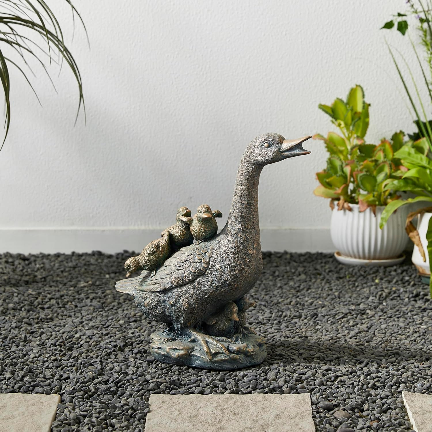 15" Aged Bronze Duck Family Garden Statue
