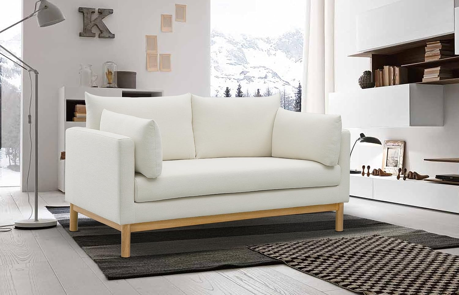 Meridian Furniture 157Cream-L Langham Collection Mid-Century Modern Linen Textured Fabric Upholstered Loveseat, Cream Linen Textured Fabric, Natural Finish Wood Base, 66" W x 33.5" D x 33" H, Cream