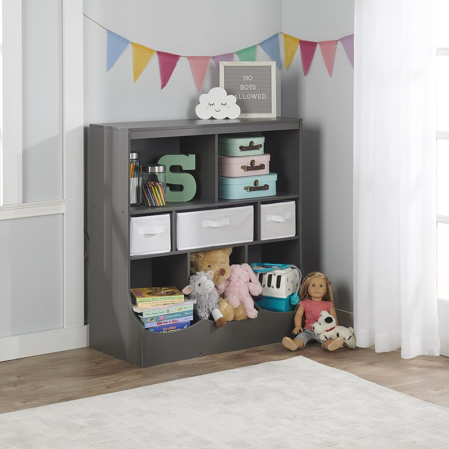Badger Basket Combo Bin Wood Toy Storage Organizer with Three Baskets 8.6 Cu ft. - Charcoal