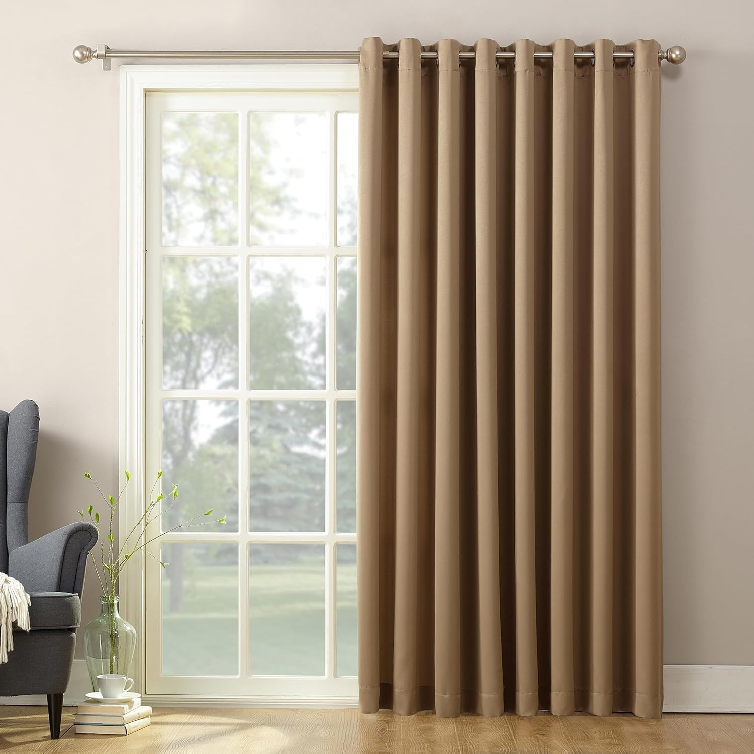Sun Zero Bartlett Grommet Room Darkening Extra Wide Patio Curtain Panel, 100"X84", Taupe