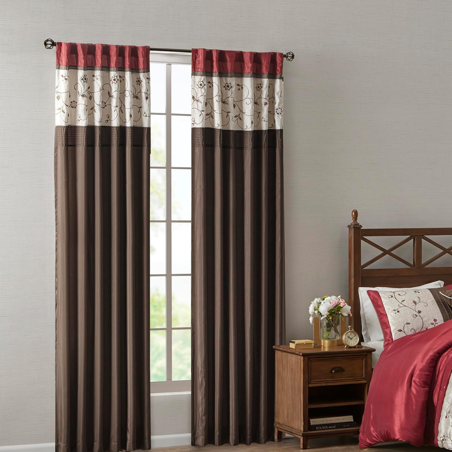 Madison Park Serene Embroidered Light Filtering Treatment Curtain Rod Pocket/Back Tab Single Window Panel Drape for Bedroom Livingroom and Dorm, 50x84", Red