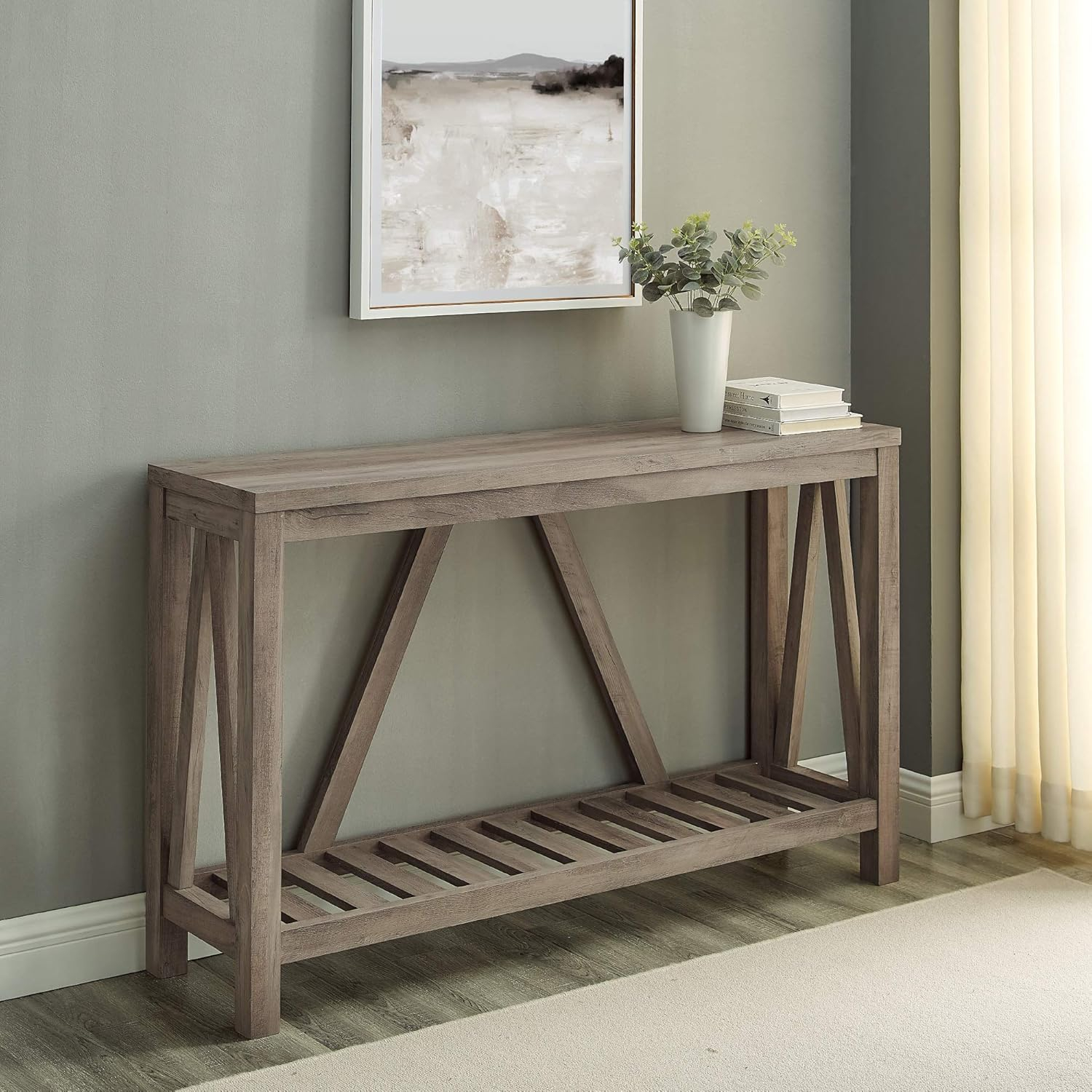 Rustic Oak and Walnut A-Frame Console Table with Storage