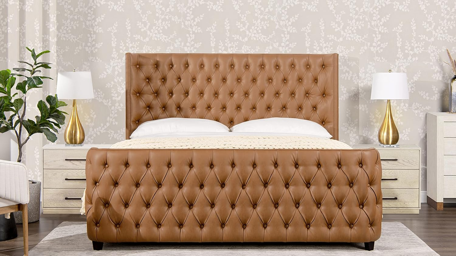 Grand Caramel Tan King Bed with Tufted Faux Leather Headboard