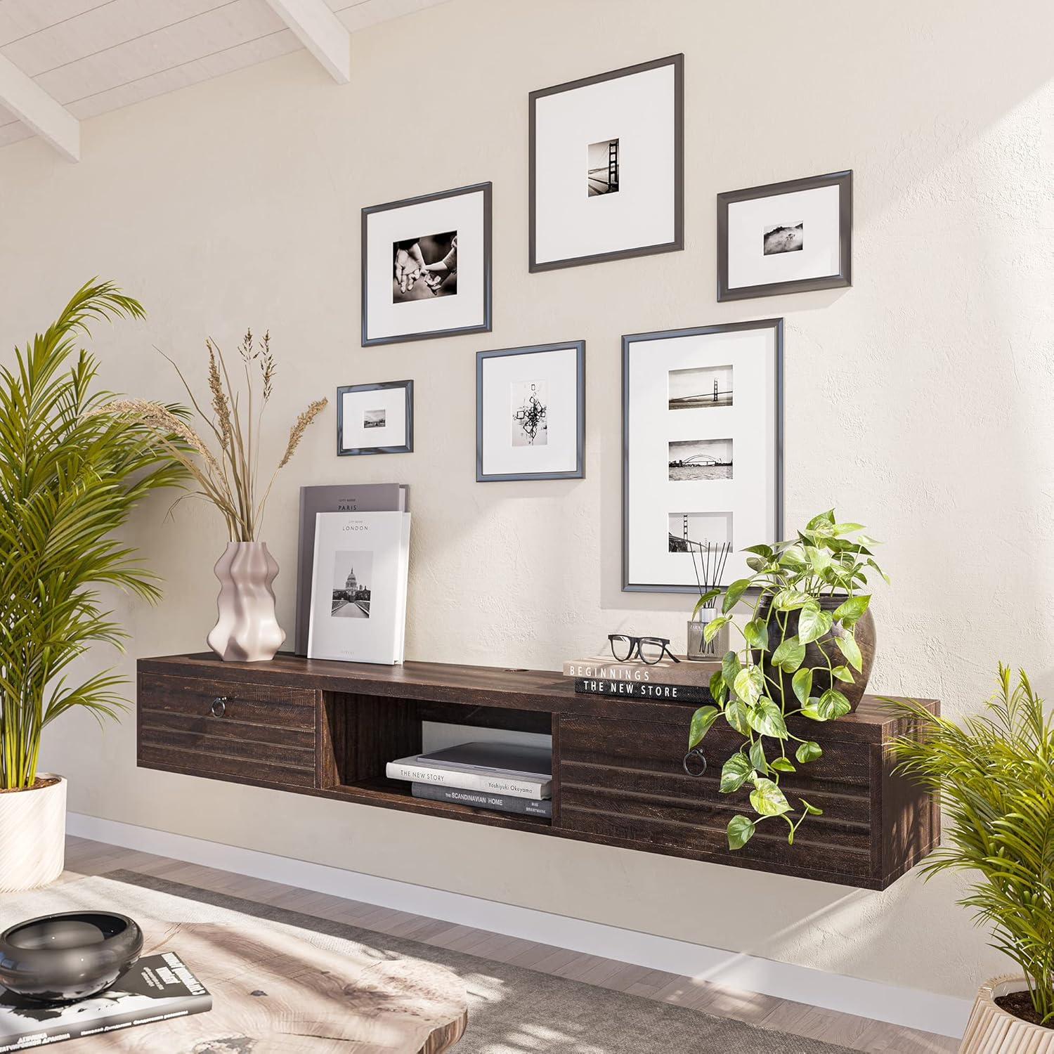 BELLEZE Modern Floating Wall Mounted 63 Inch TV Console With Built-In Shelf & Compartments, Space Saving Decorative Contemporary Media Storage, For Up To 100lbs - Langston (Espresso)