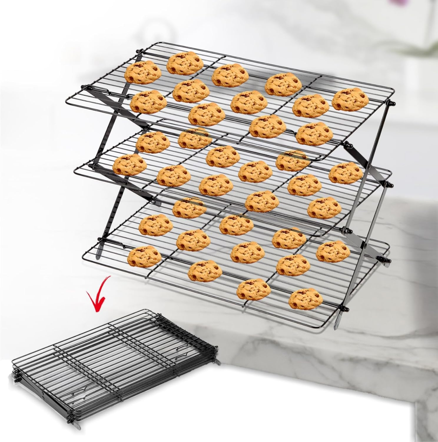 3-Tier Collapsible Cooling Rack For Baking - Expandable & Foldable Cookie Cooling Wire Rack - Baking Rack - Foldable Cooling Rack For Baking Supplies - Premium Quality & Sturdy Legs